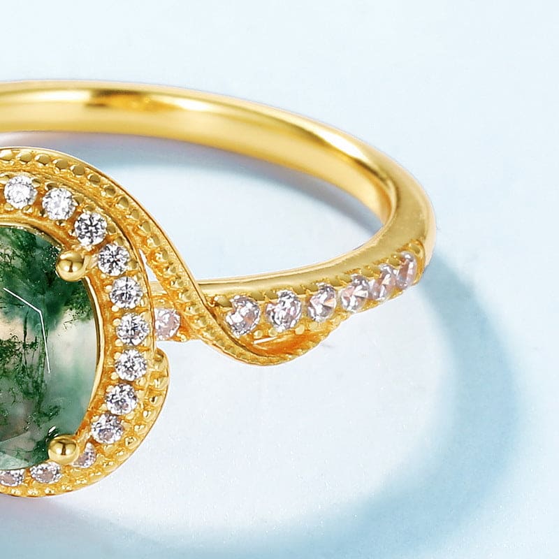 Halo Oval Cut Natural Moss Agate Pavé Gold Ring - S925 Sterling Silver
