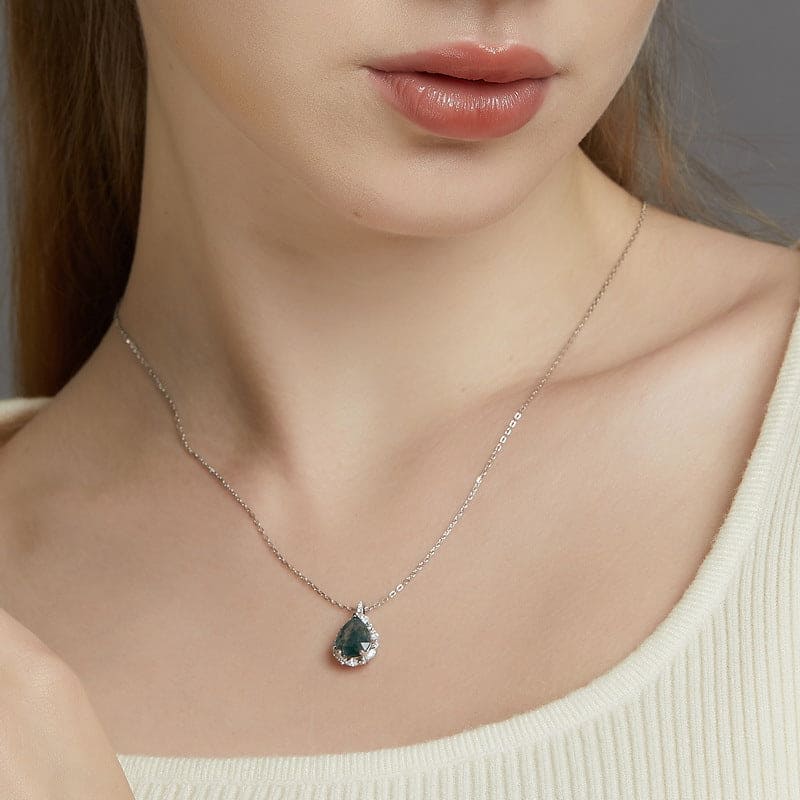 Collar con colgante de lágrima de ágata musgosa de bosque etéreo - Plata de ley S925