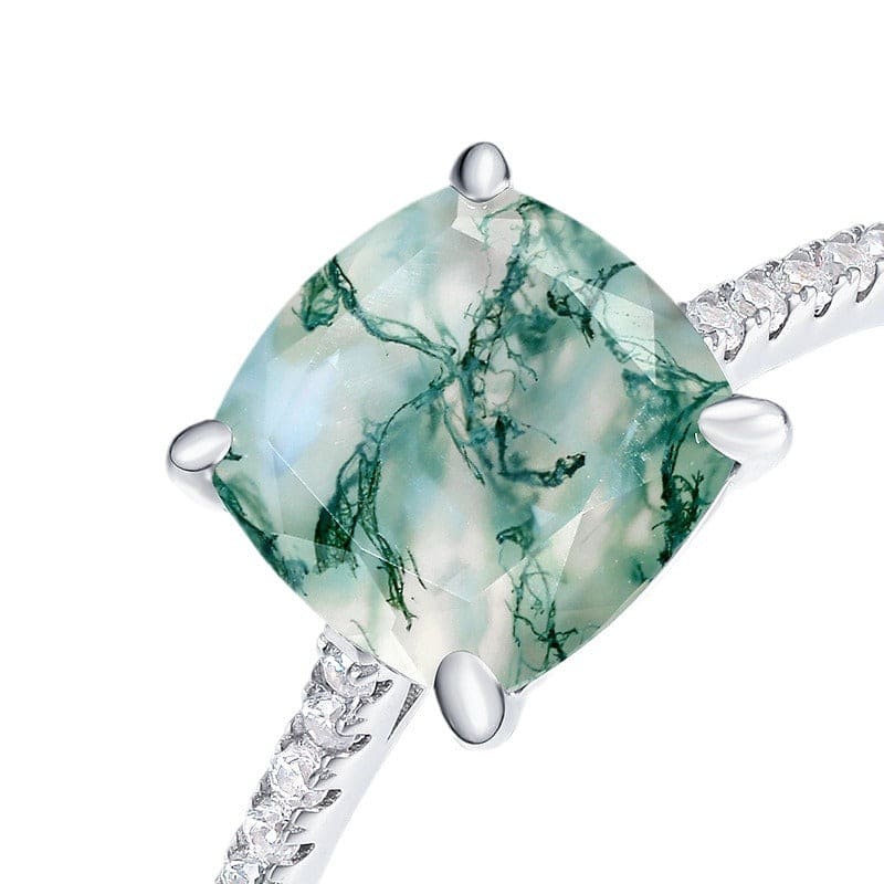 Anillo pavé de ágata musgosa natural con corte en forma de cojín - Plata de ley S925