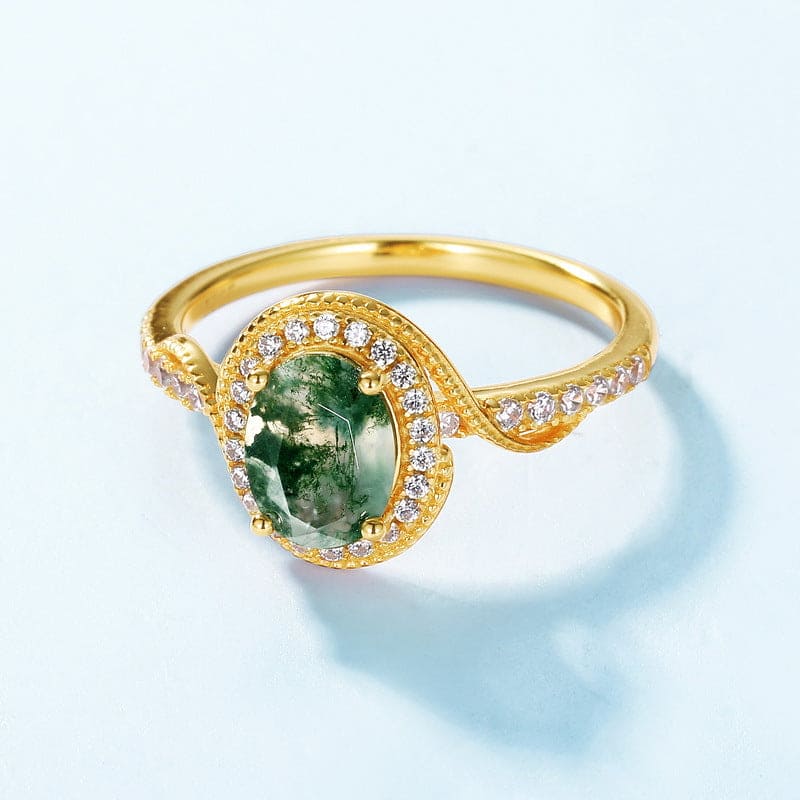 Halo Oval Cut Natural Moss Agate Pavé Gold Ring - S925 Sterling Silver