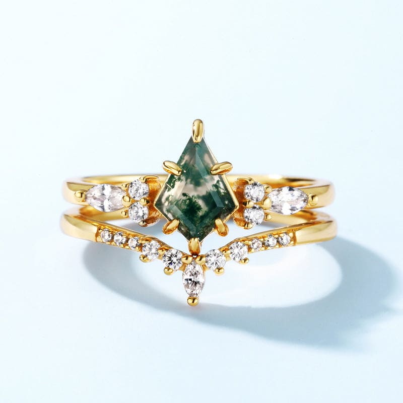 Juego de anillos de dos bandas de ágata musgosa natural - Plata de ley S925