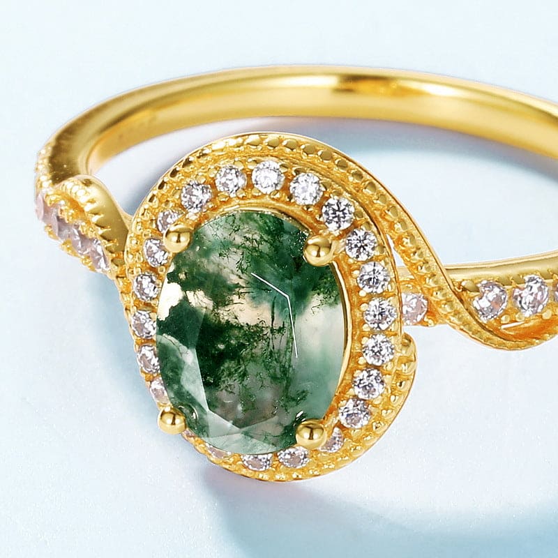Anillo de oro con pavé de ágata musgosa natural de corte ovalado Halo - Plata de ley S925