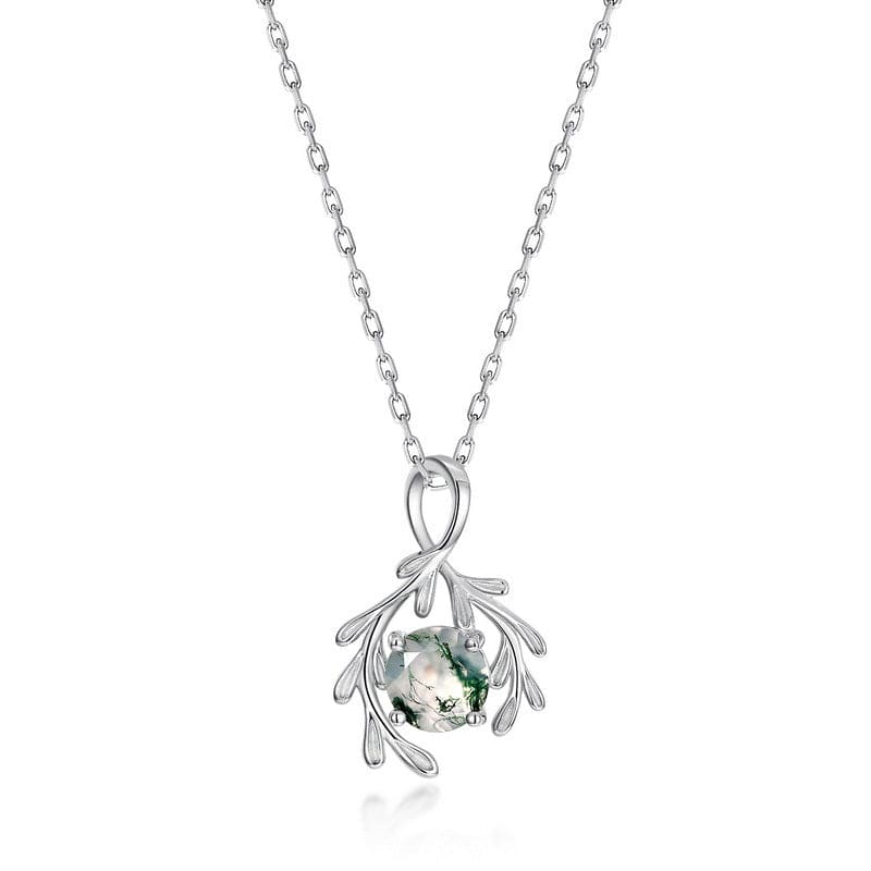 Collar con colgante de ágata musgosa natural Botanical Embrace - Plata de ley S925