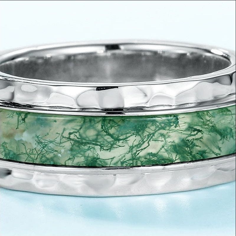 Natural Moss Agate Streamline Inlay Band Ring - S925 Sterling Silver