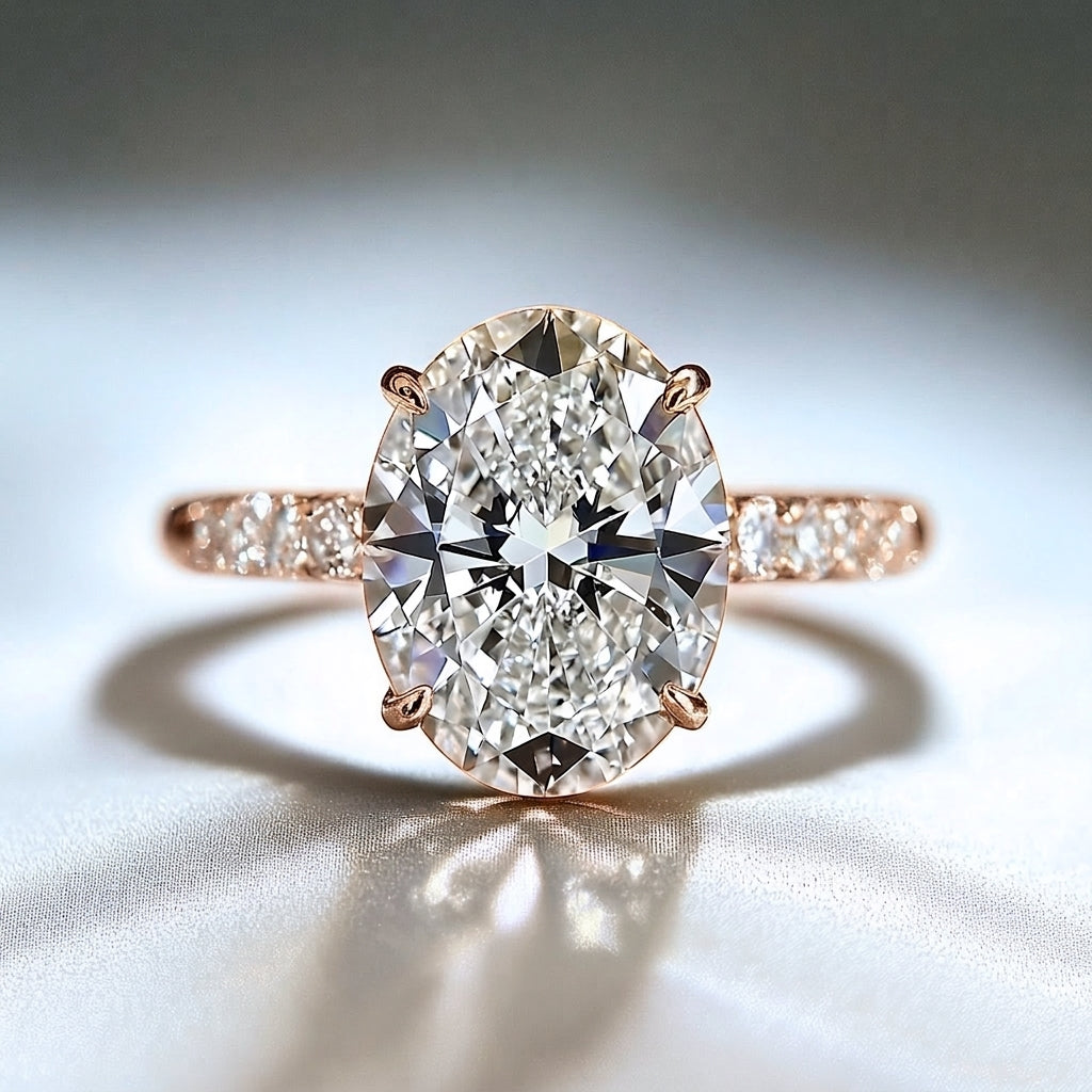 The Liana ring in a rose gold finish with an oval moissanite and pave-set band on light satin