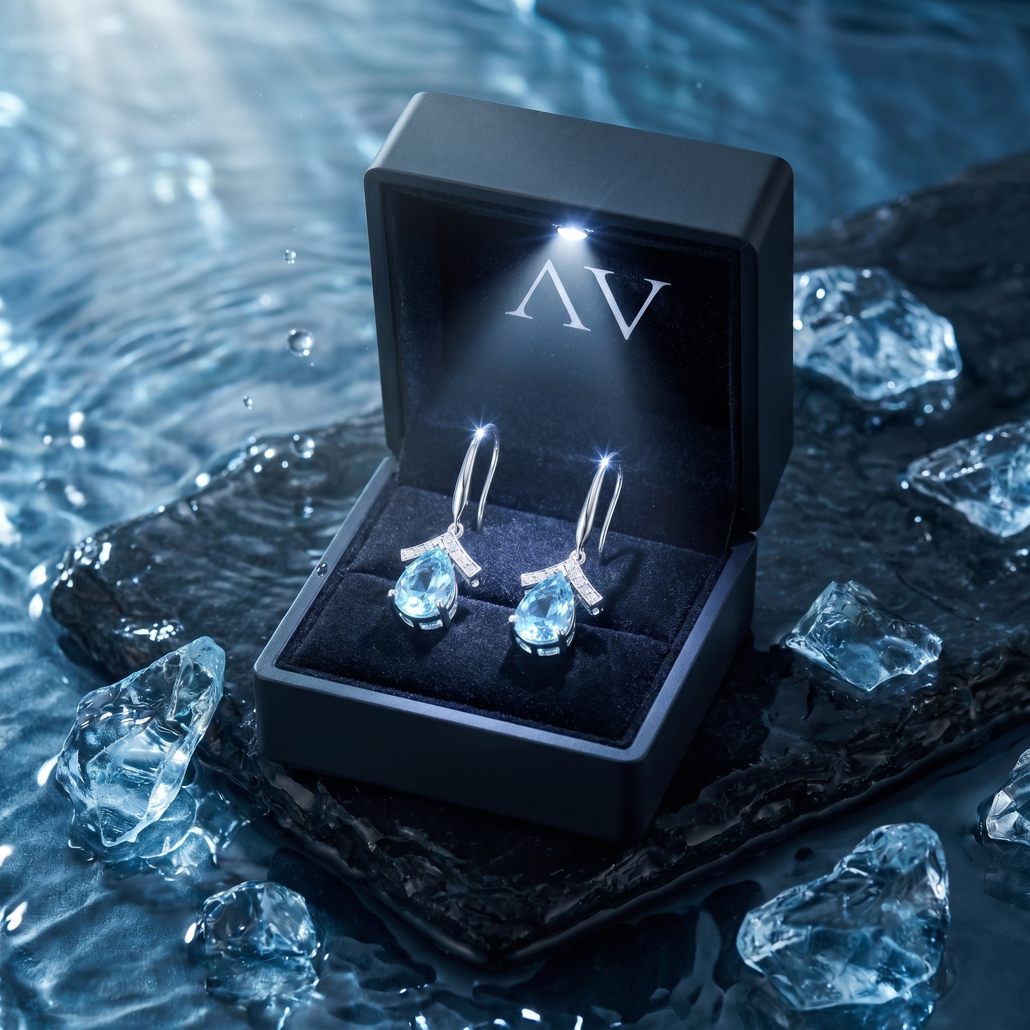 Pear cut natural aquamarine drop earrings in a black lighted presentation box on a wet stone background.