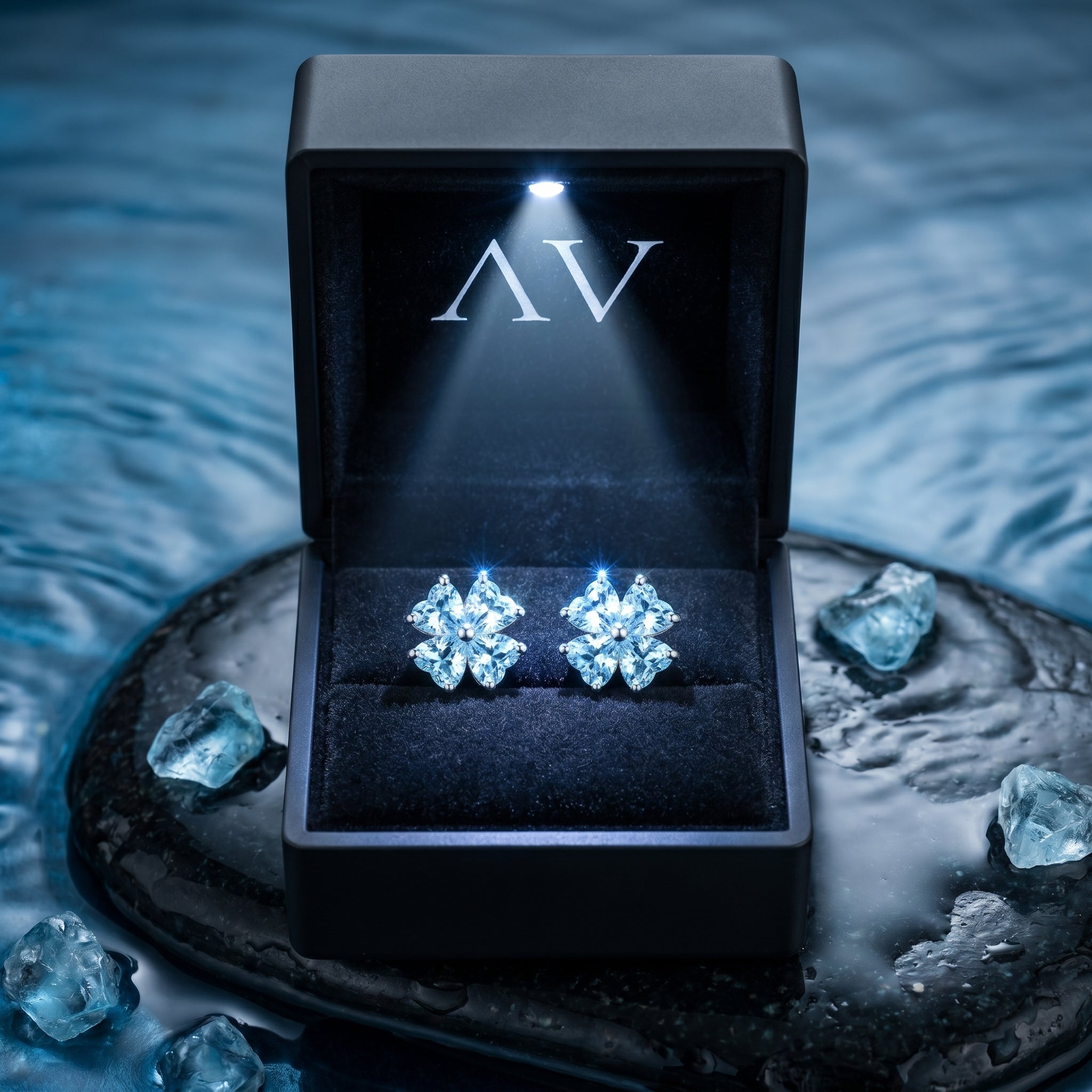 Platinum clover aquamarine stud earrings displayed in a black lighted jewelry box on a wet stone.