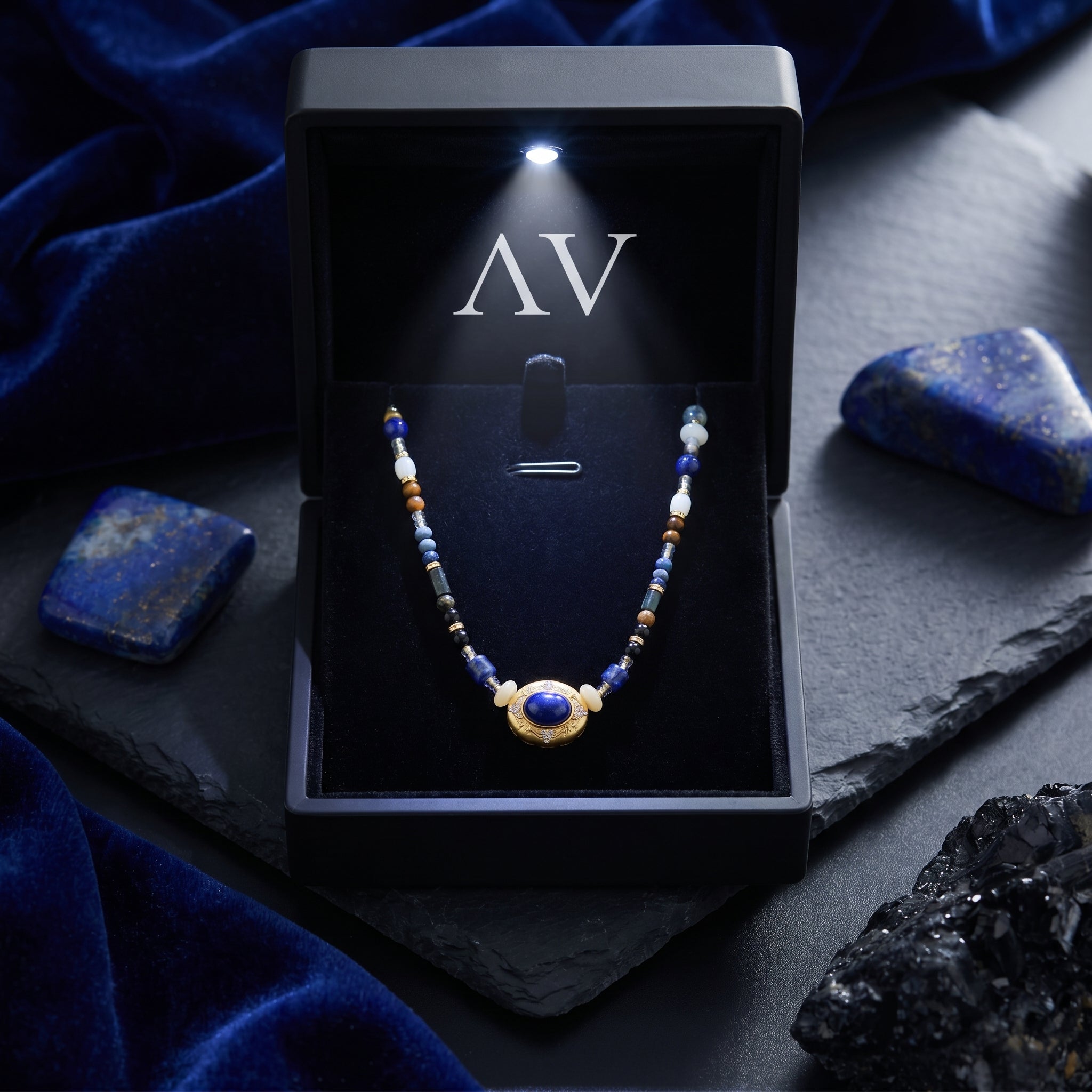 Gold plated lapis lazuli beaded necklace displayed in a black lighted jewelry gift box on a slate surface.