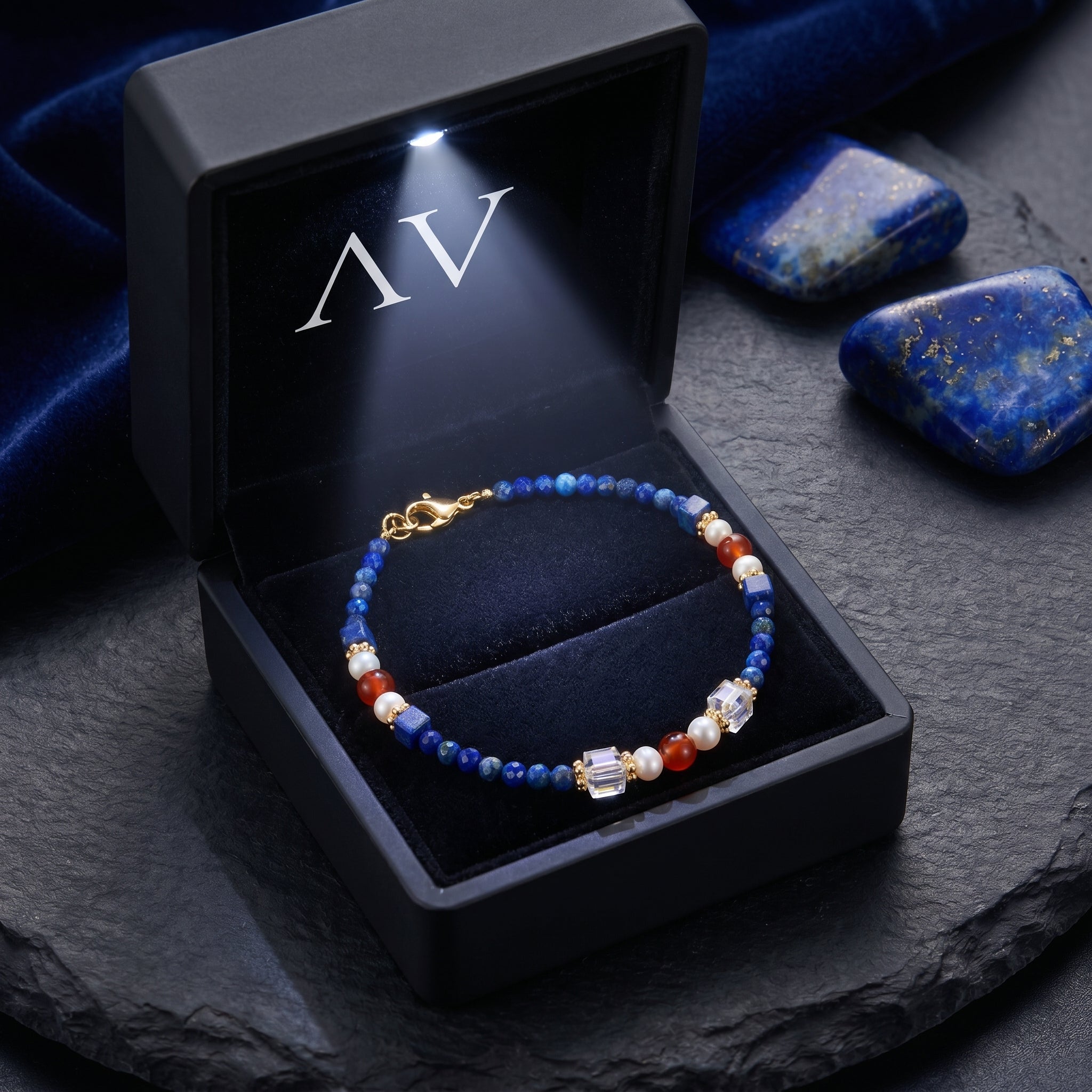 Gold plated lapis lazuli bead bracelet presented in a black illuminated gift box with an LED light.