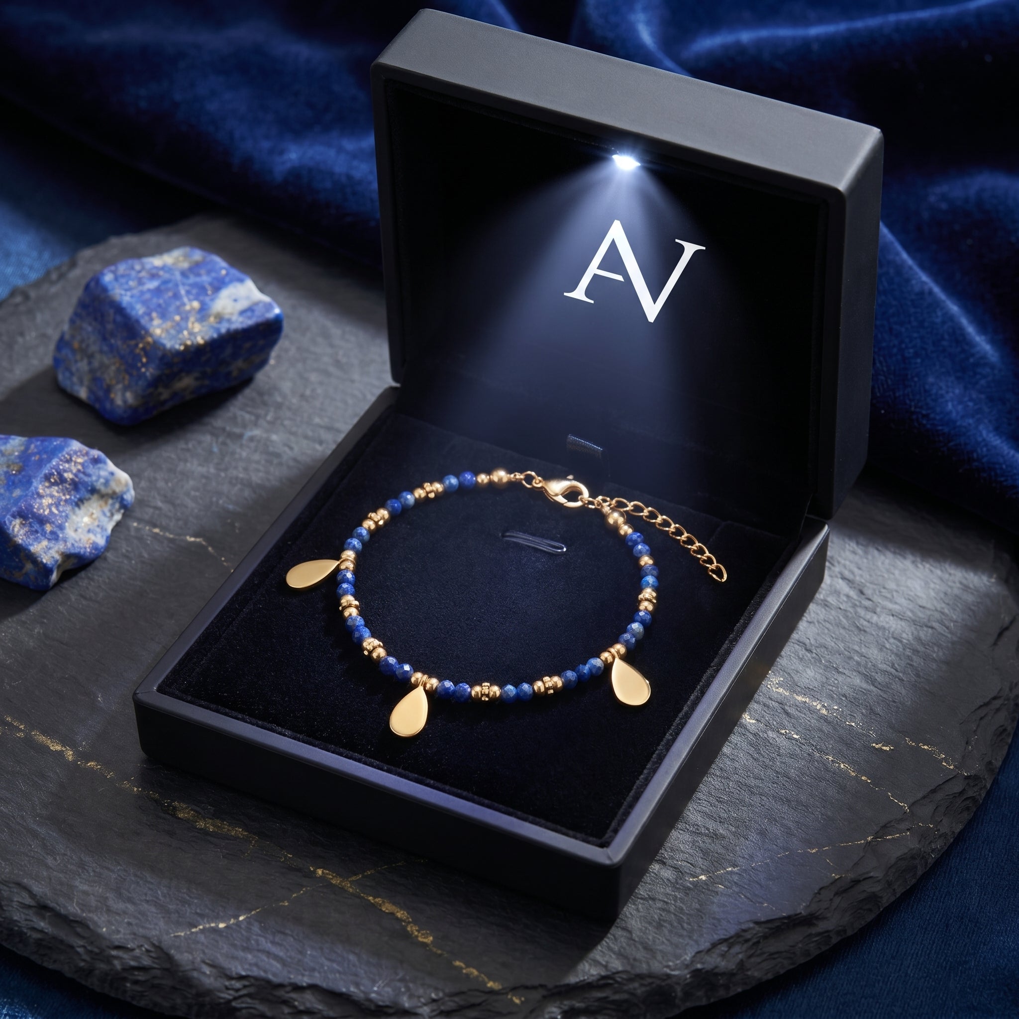 Gold plated faceted 3mm lapis bead bracelet inside a black gift box with an integrated LED light.