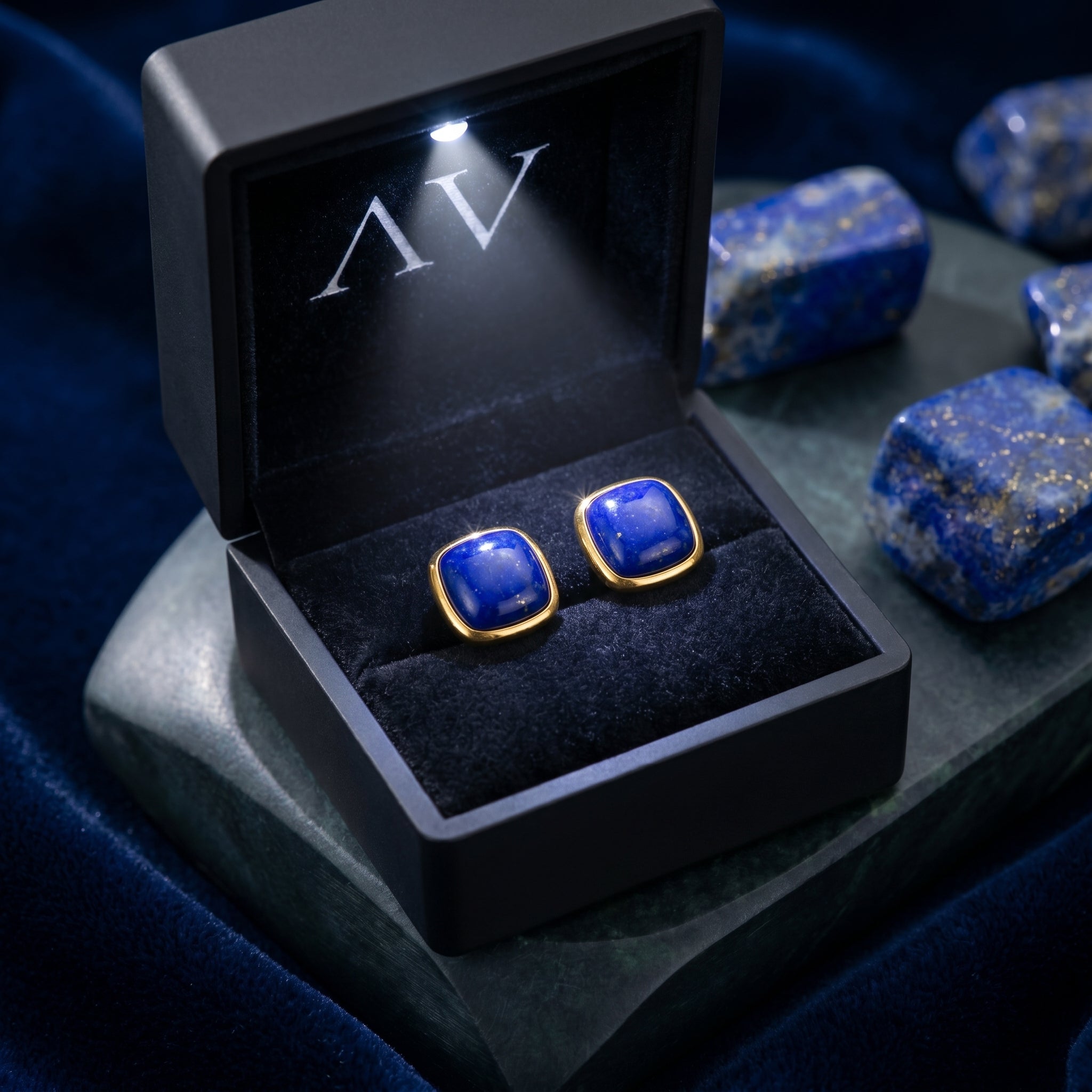 Cushion cut natural lapis lazuli gold earrings presented in a black lighted jewelry gift box.
