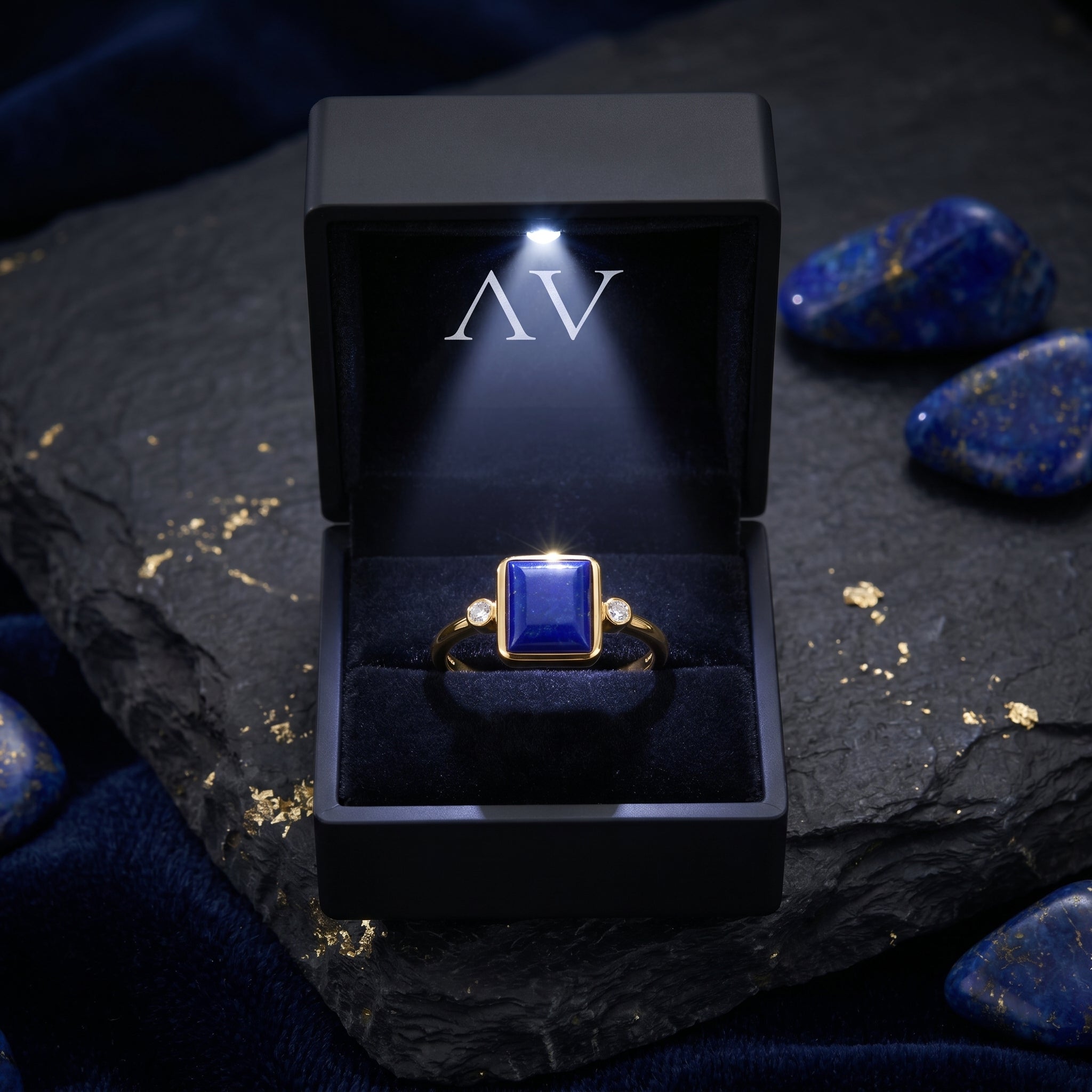 Yellow gold natural lapis lazuli ring presented in a lighted black jewelry box with AV branding.