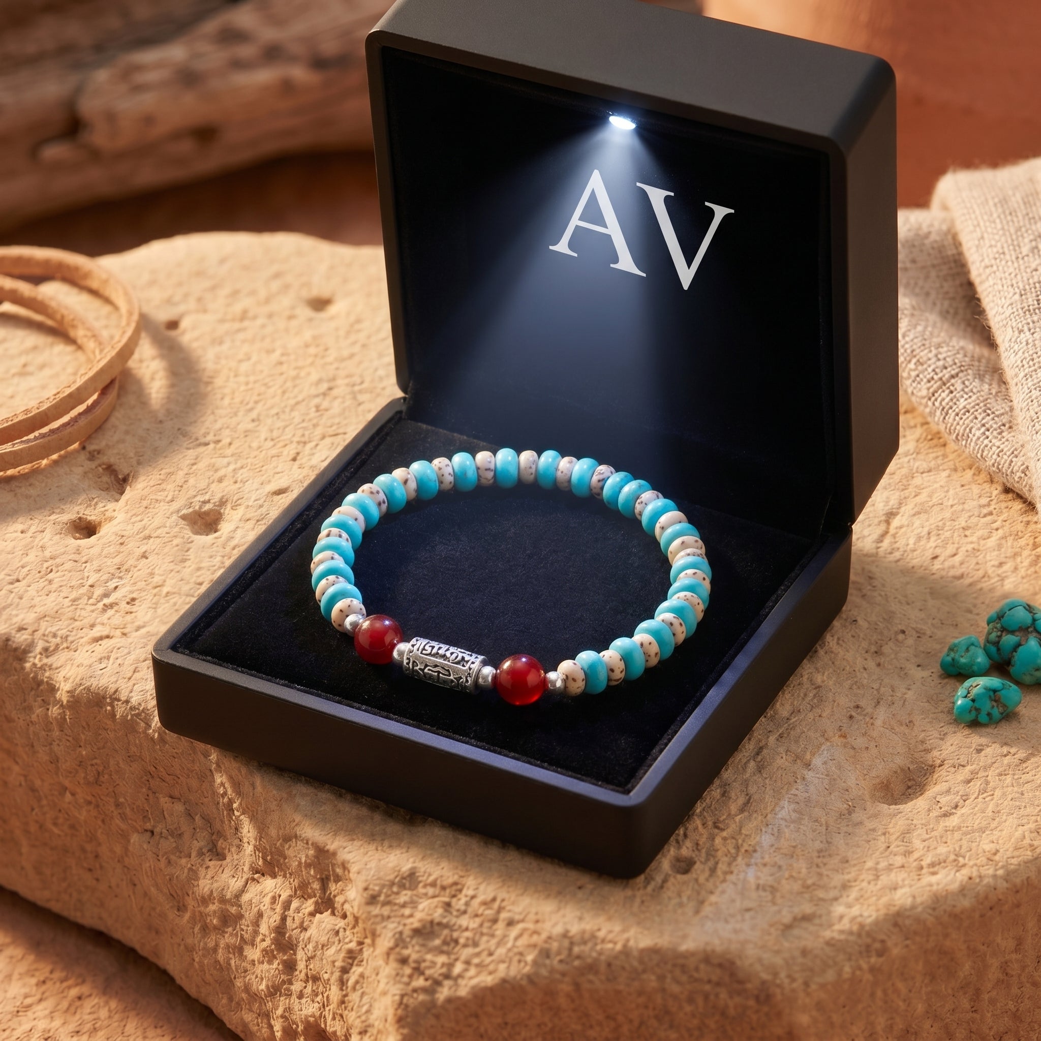 Turquoise beaded bracelet with a silver mantra bead inside a black LED-lit jewelry gift box.