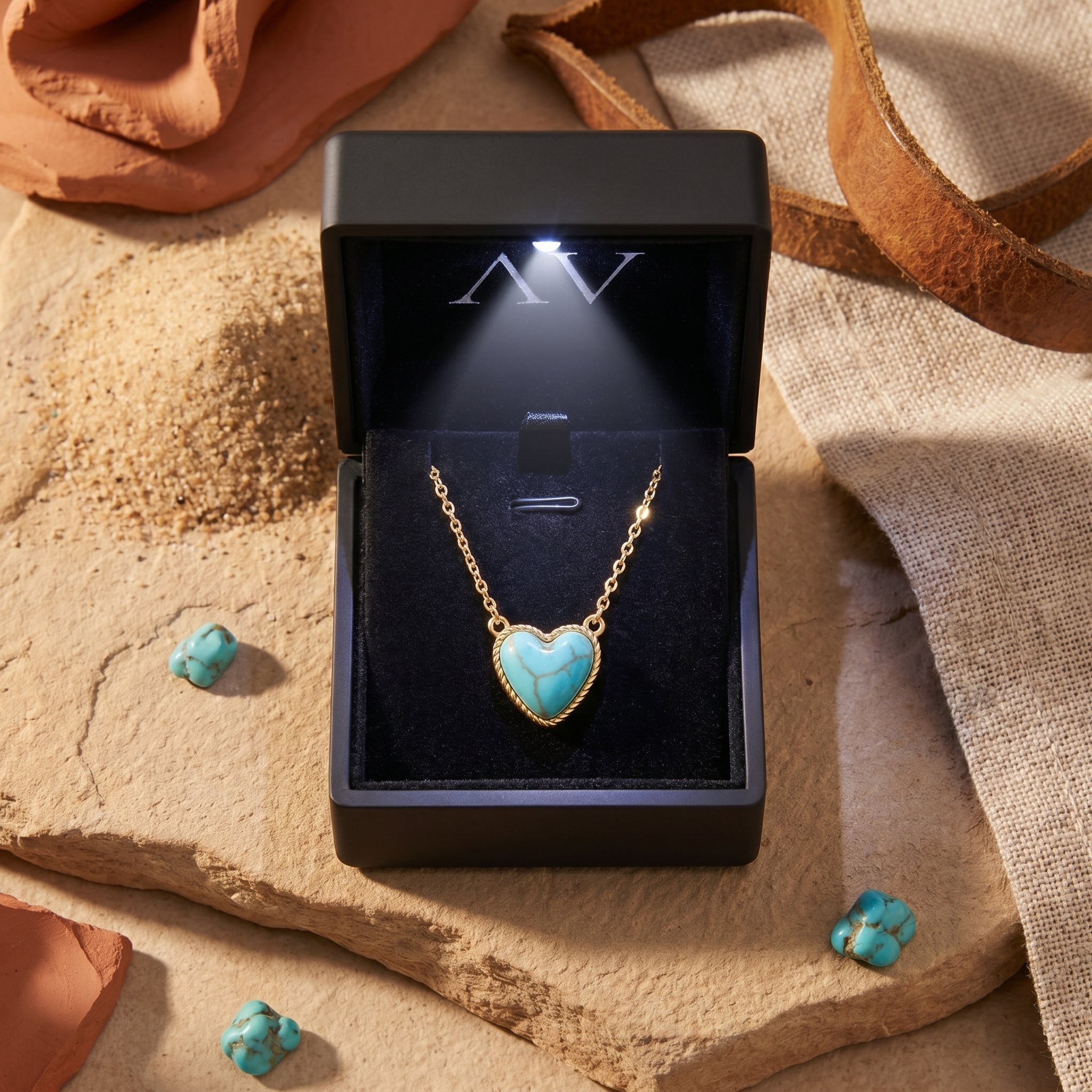 Gold heart turquoise necklace presented in a black light-up gift box on a desert-styled background.