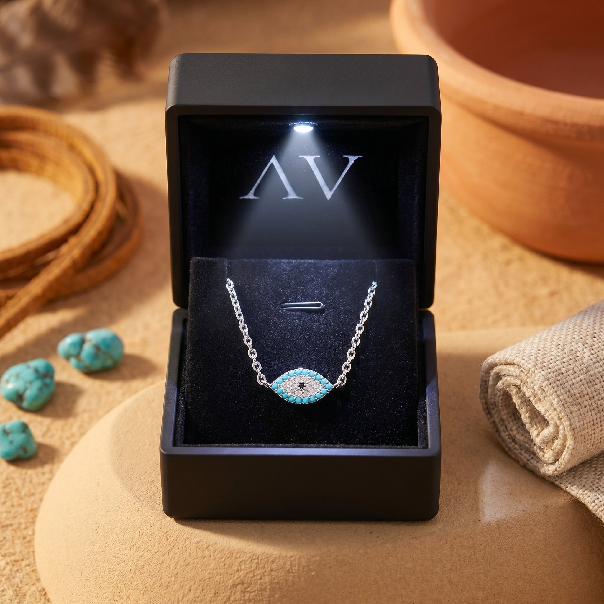 Silver turquoise eye necklace presented in a black LED-lighted jewelry box with the AV logo.