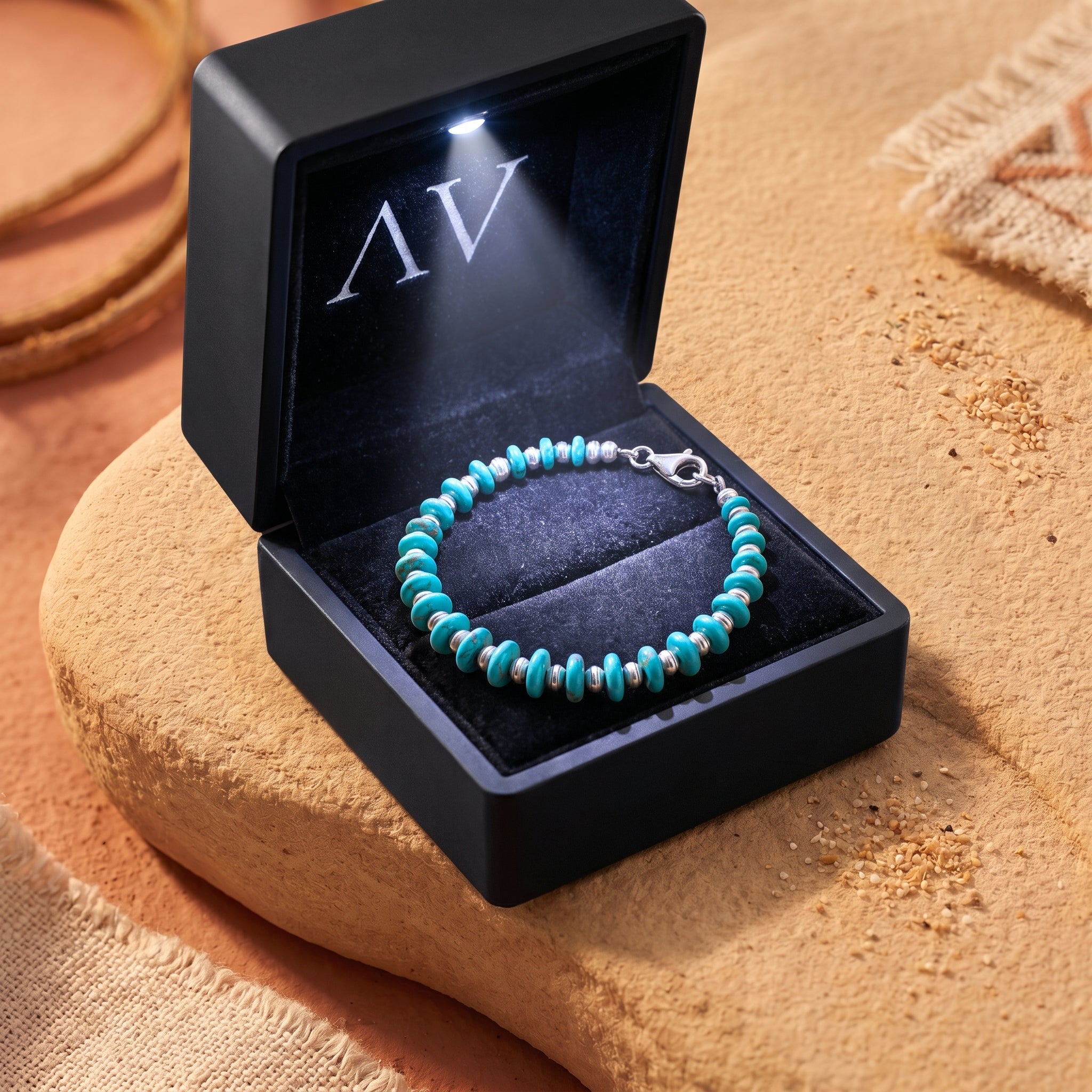 Marfa turquoise bead bracelet in S925 sterling silver inside a black LED-lit jewelry gift box.