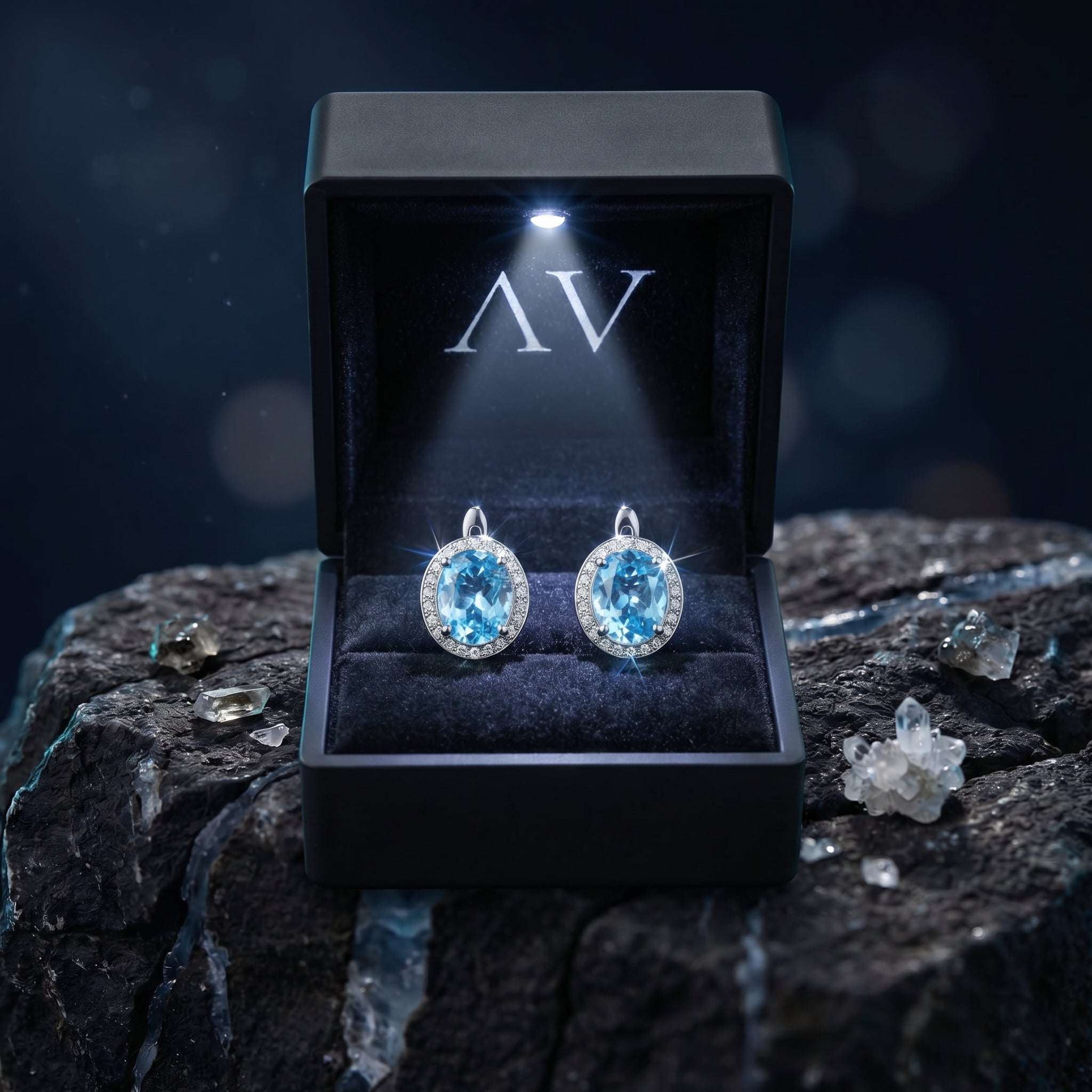 Oval blue topaz halo drop earrings in white gold presented in a lighted black jewelry box on a rock.