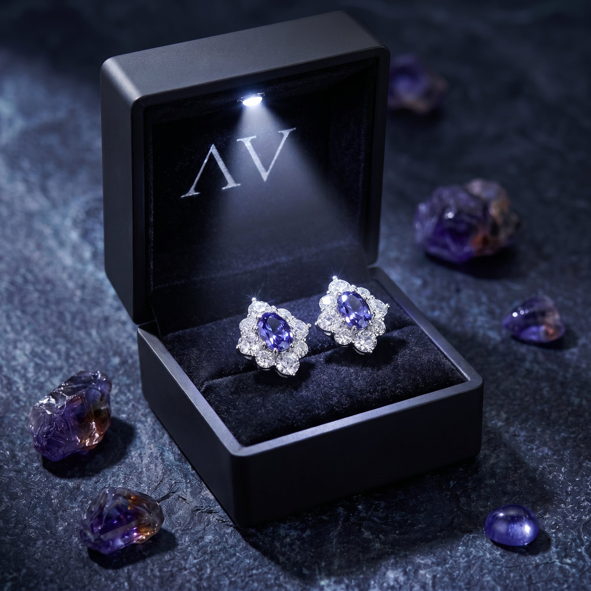 Oval natural tanzanite drop earrings in a lighted black jewelry box with raw purple gemstones.