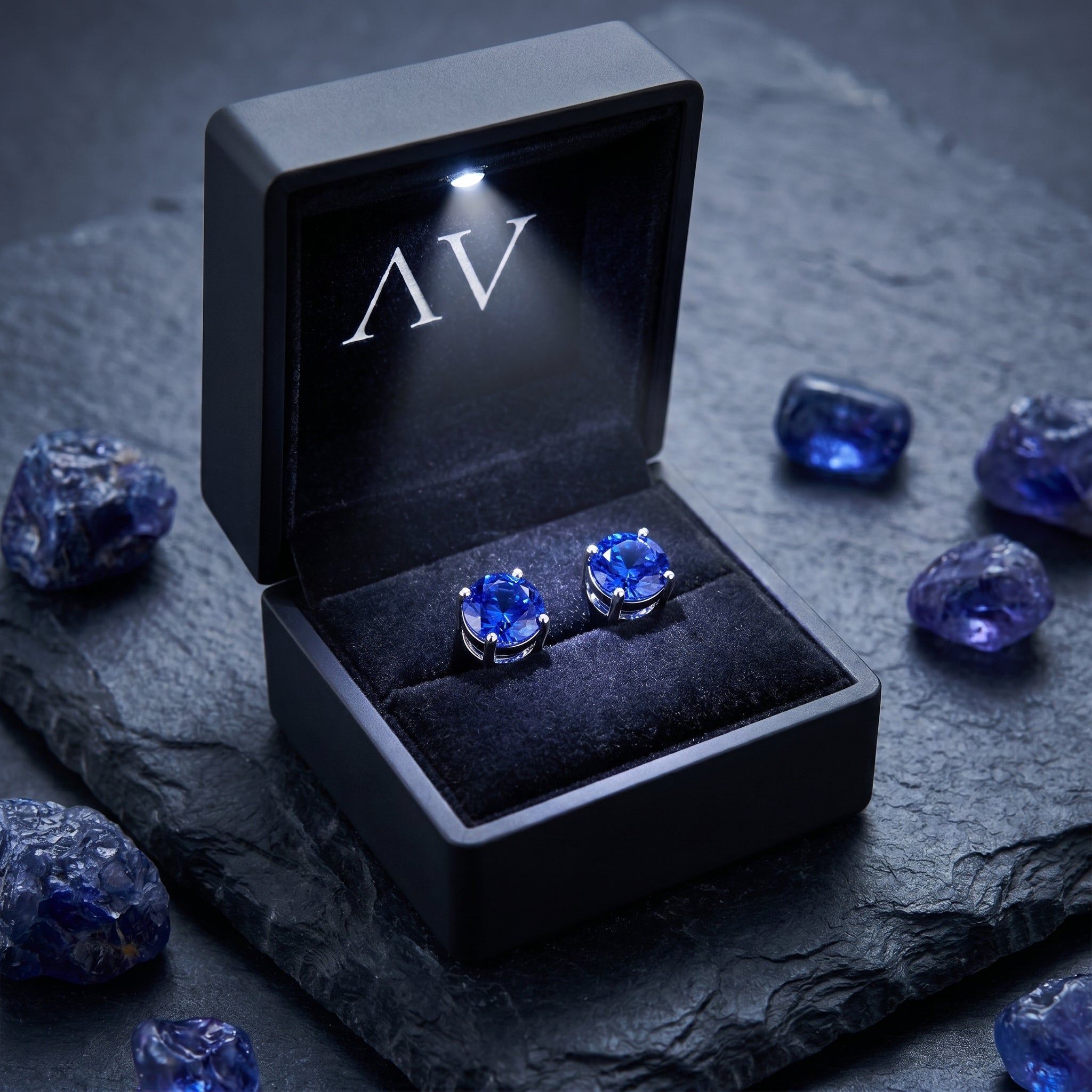 Round tanzanite stud earrings in 18K white gold inside a black LED-lighted gift box with AV logo.