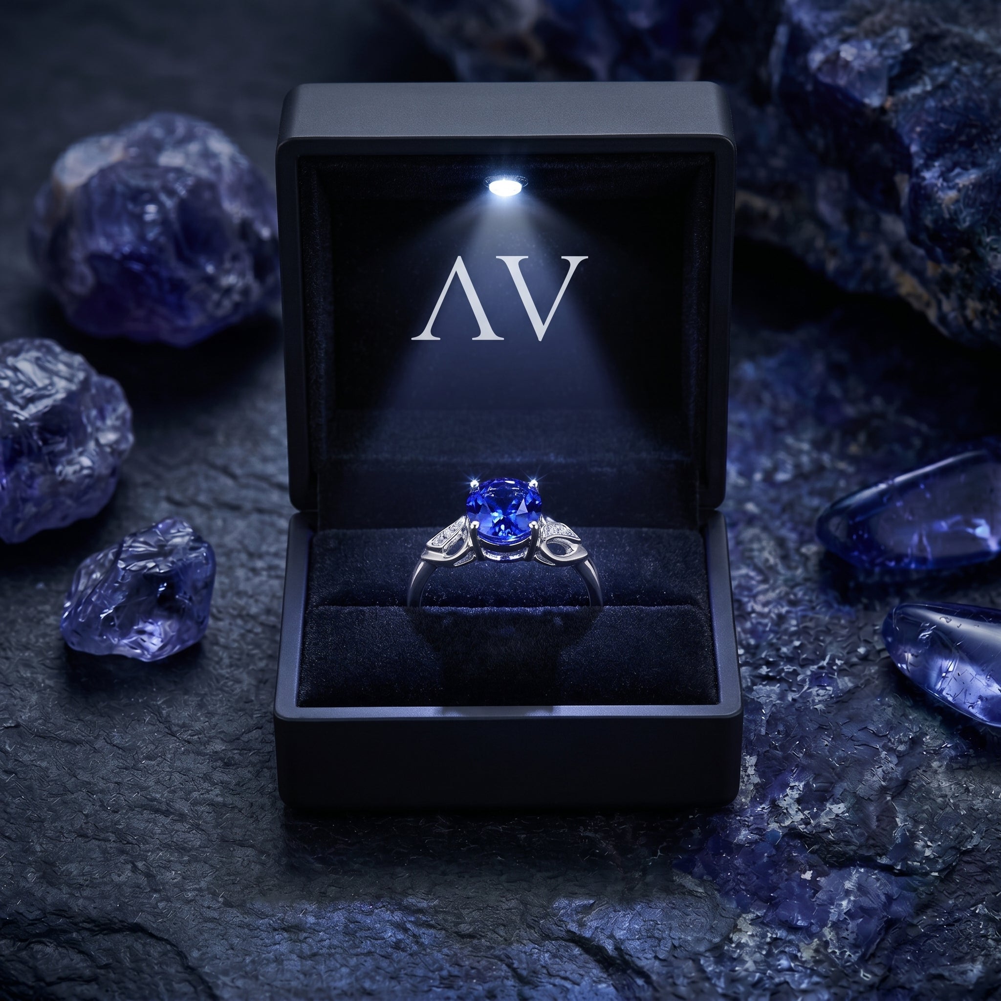 The Elysienne oval tanzanite ring in 18K white gold inside a black lighted presentation box with AV branding.