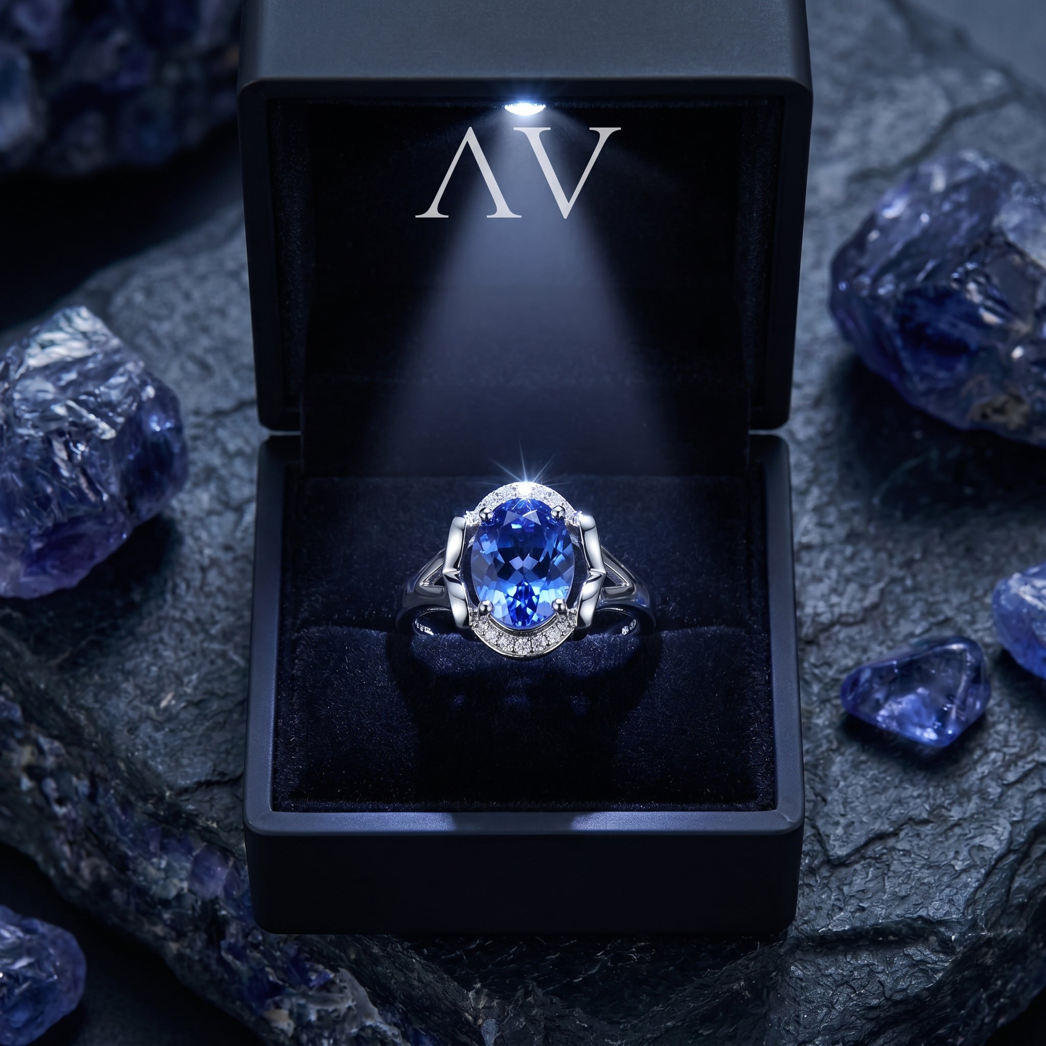 The 18K white gold tanzanite and diamond ring inside a black lighted presentation box on a rock surface.