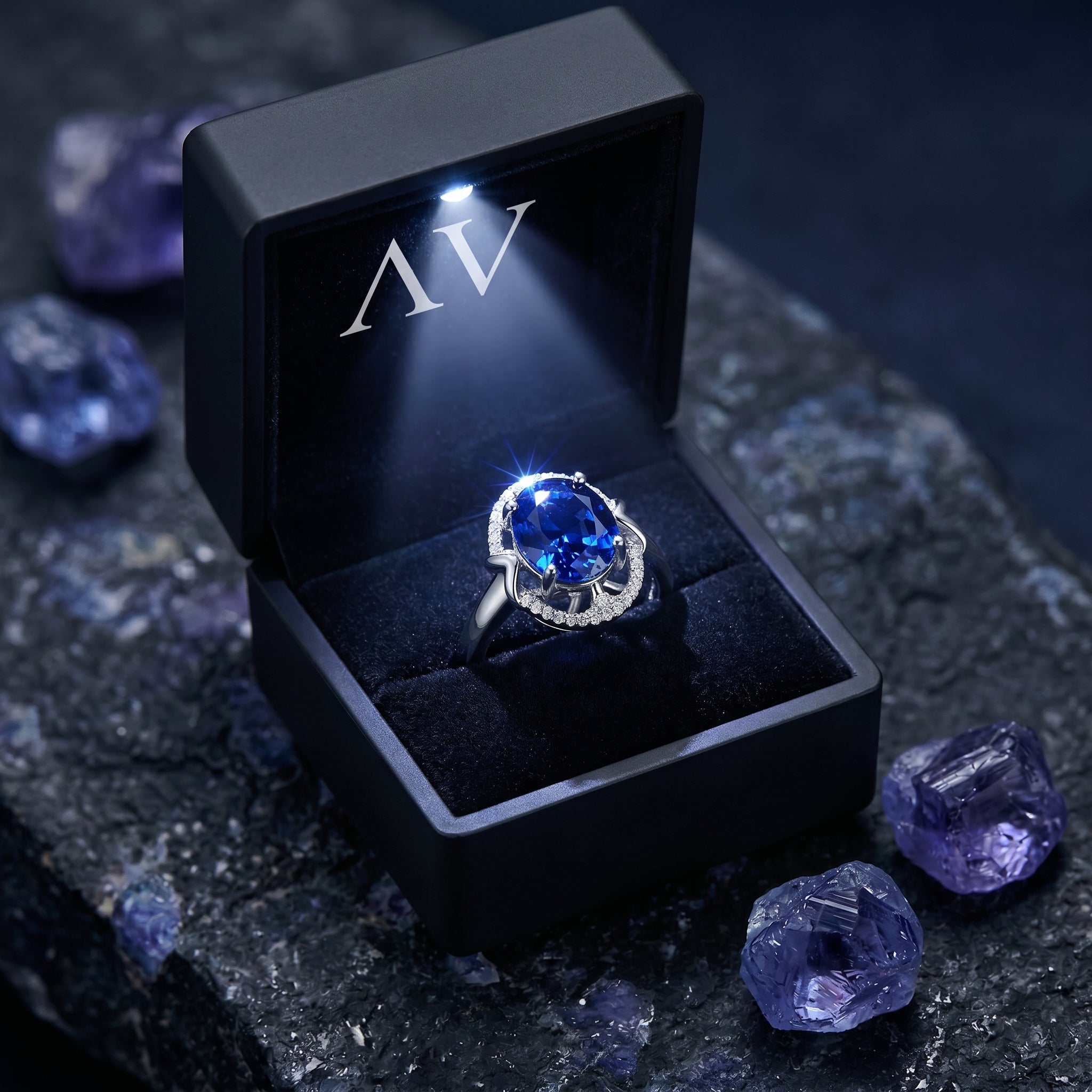 The 18K white gold oval tanzanite ring inside a black lighted presentation box on a dark stone.
