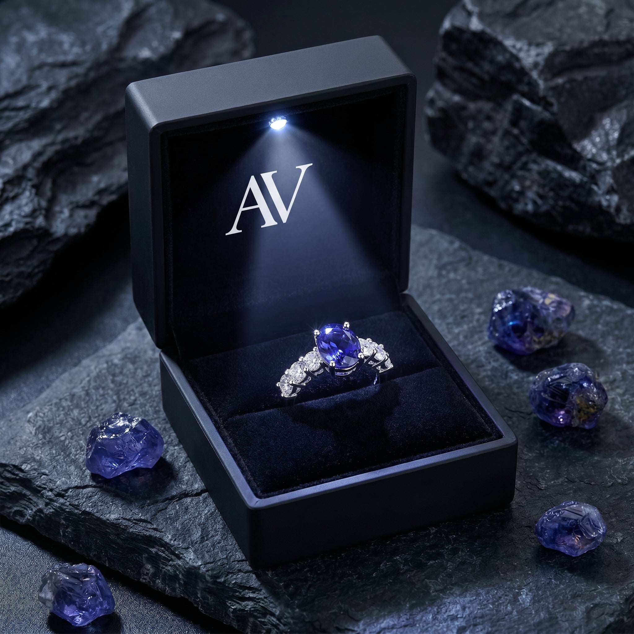 The Kaeliana oval tanzanite ring presented in a black lighted jewelry box with raw gemstones.
