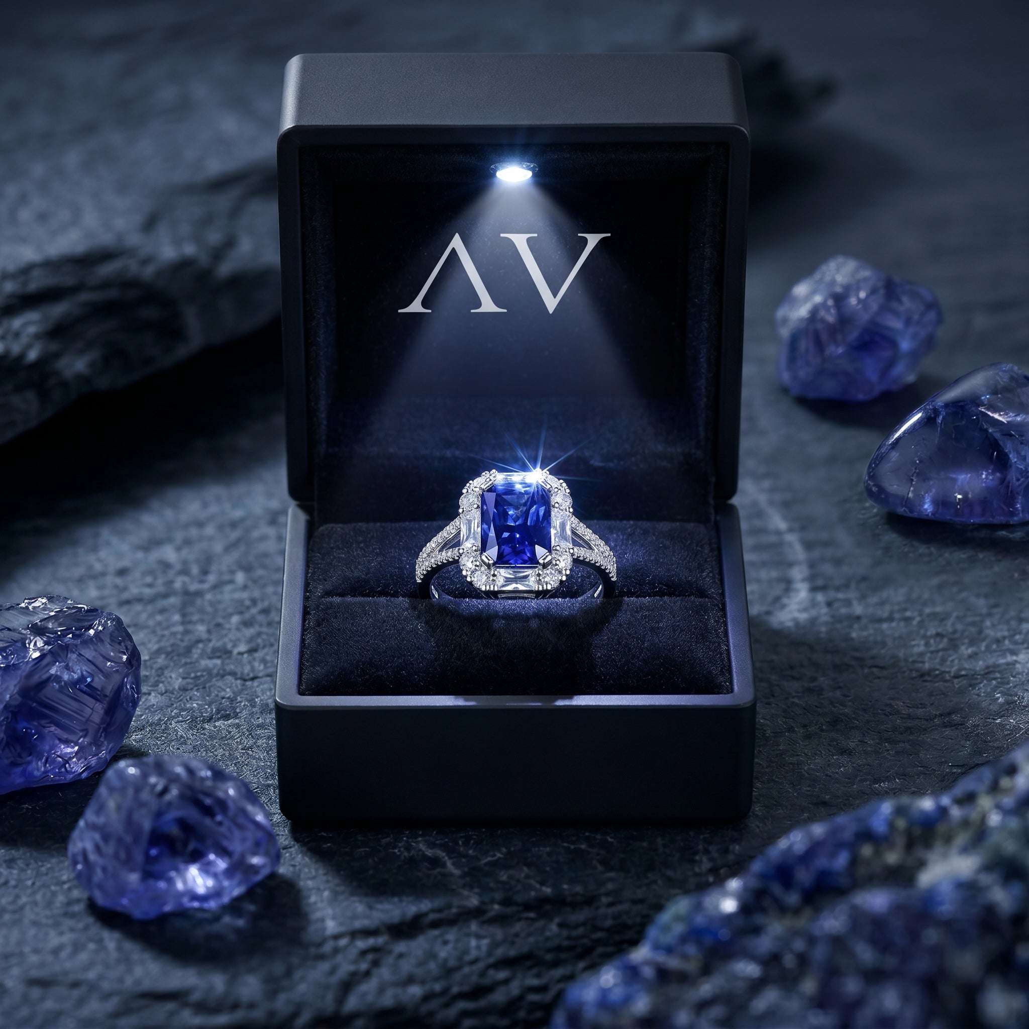 Radiant tanzanite sterling silver ring inside a black LED-lighted gift box with raw tanzanite accents.