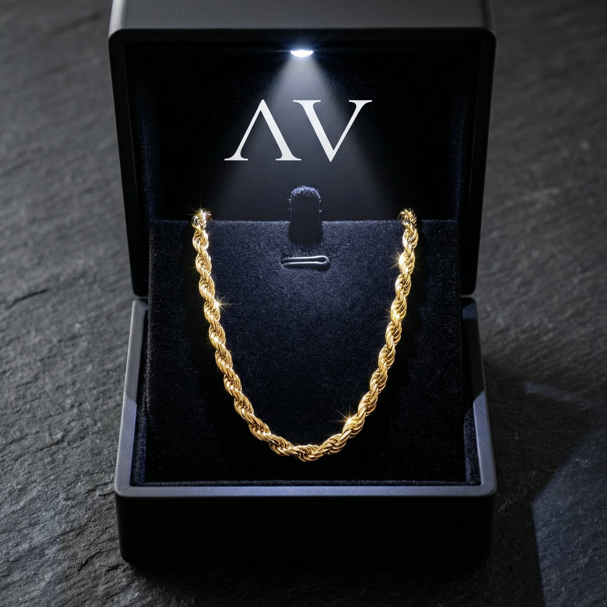4mm gold stainless steel rope chain presented in a premium black illuminated jewelry gift box.
