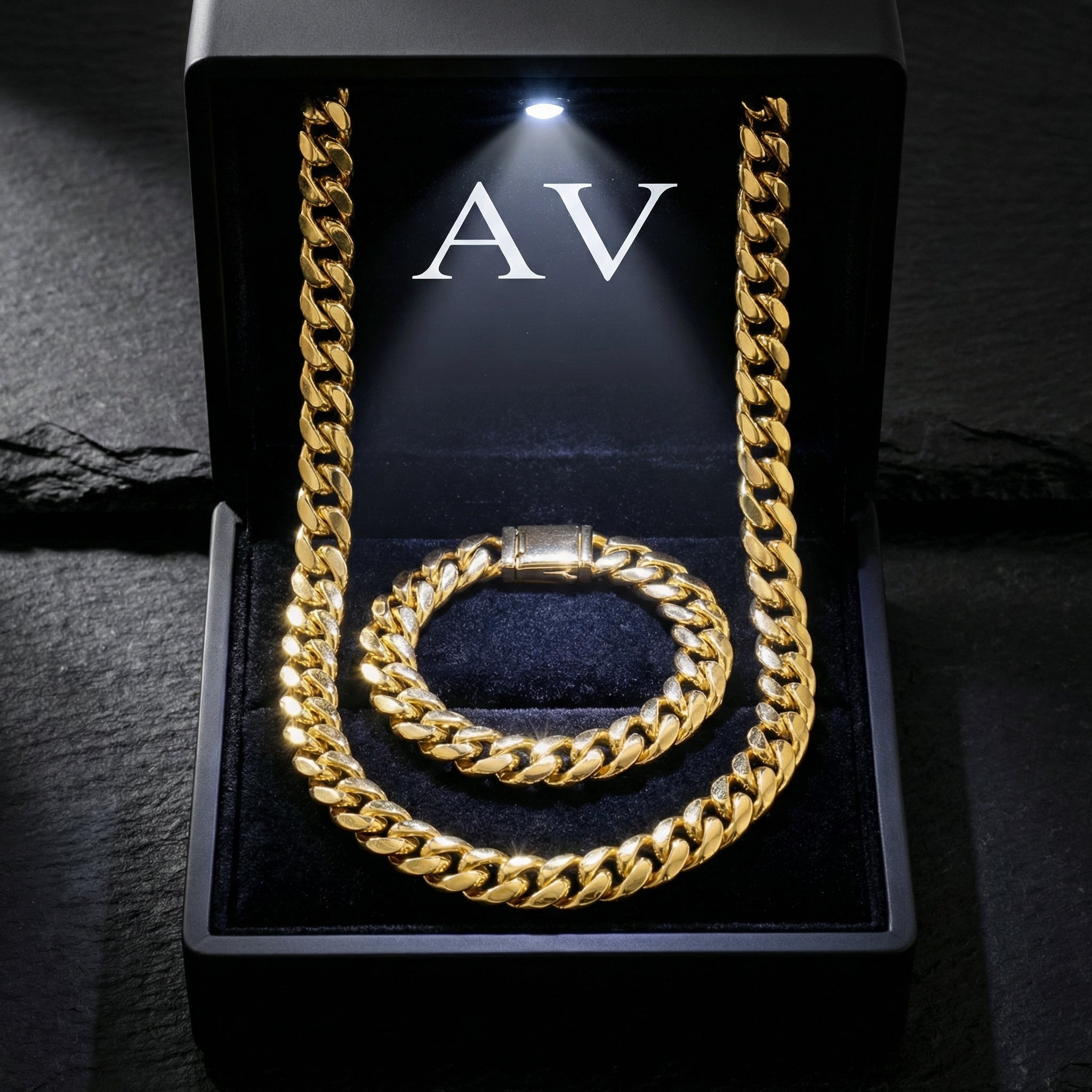 10mm gold stainless steel Cuban link chain and bracelet set inside a black LED-lit presentation box.