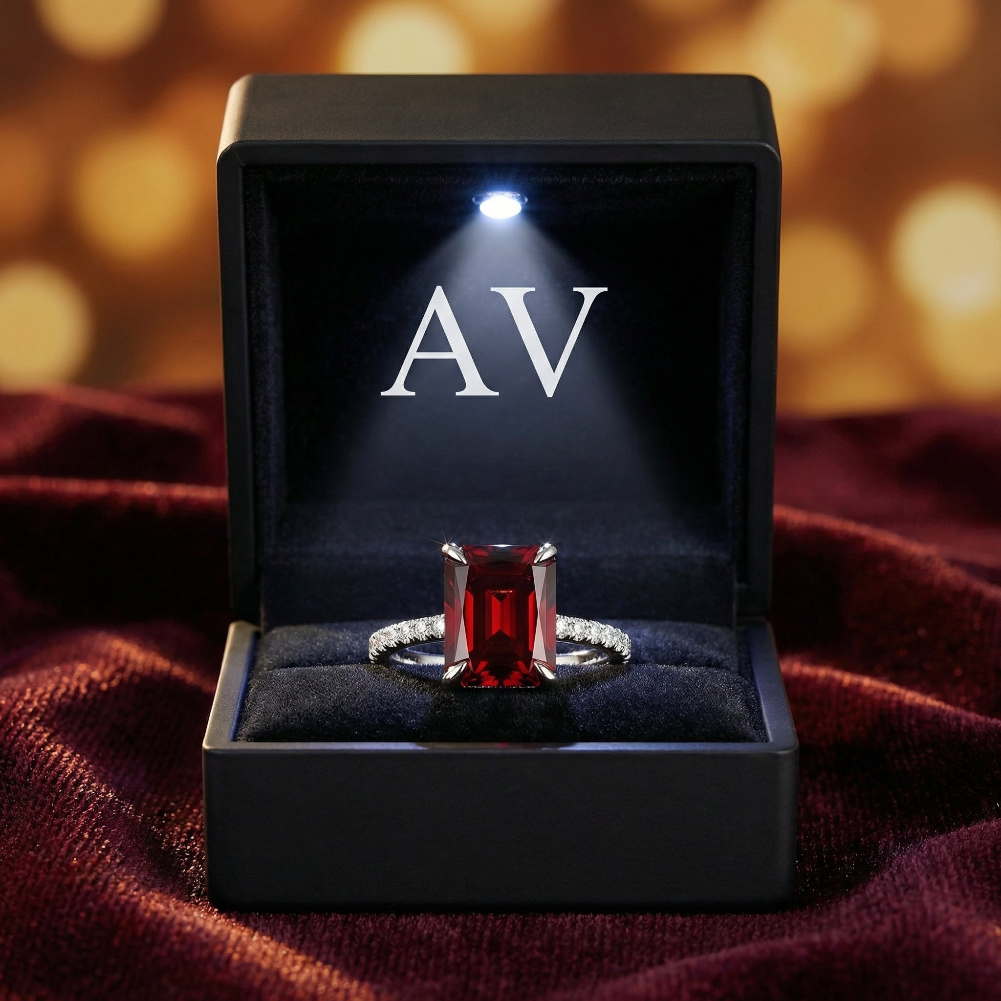 Radiant cut red garnet sterling silver ring inside a black lighted jewelry box with AV logo.