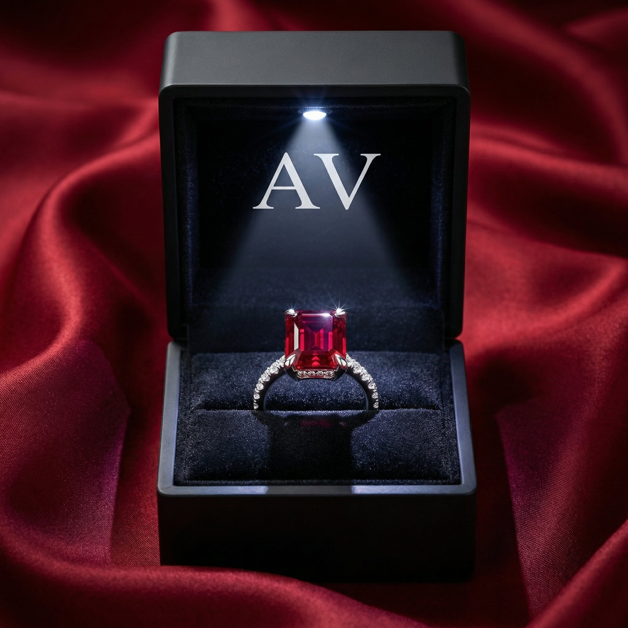 Emerald cut simulated ruby sterling silver ring inside a black LED-lit jewelry presentation box.