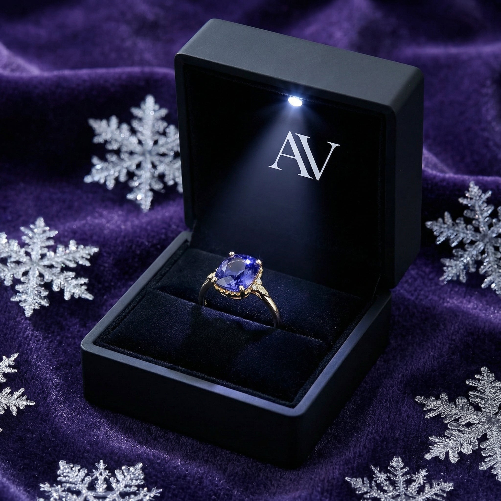 Cushion cut simulated tanzanite gold vermeil ring presented in a black LED-lit jewelry box on purple velvet.