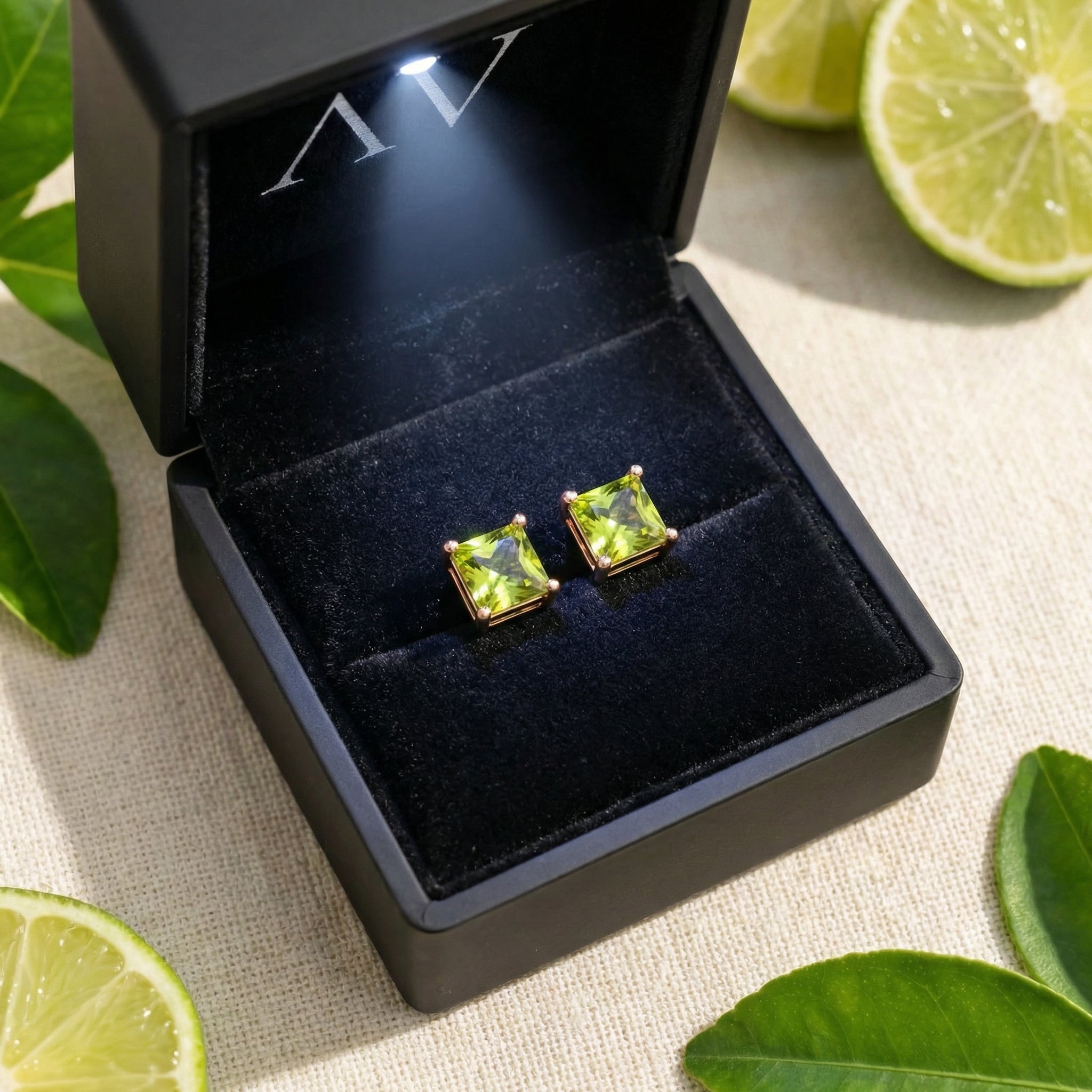 Square cut simulated peridot earrings in 18K rose gold vermeil inside a black LED-lit jewelry presentation box.