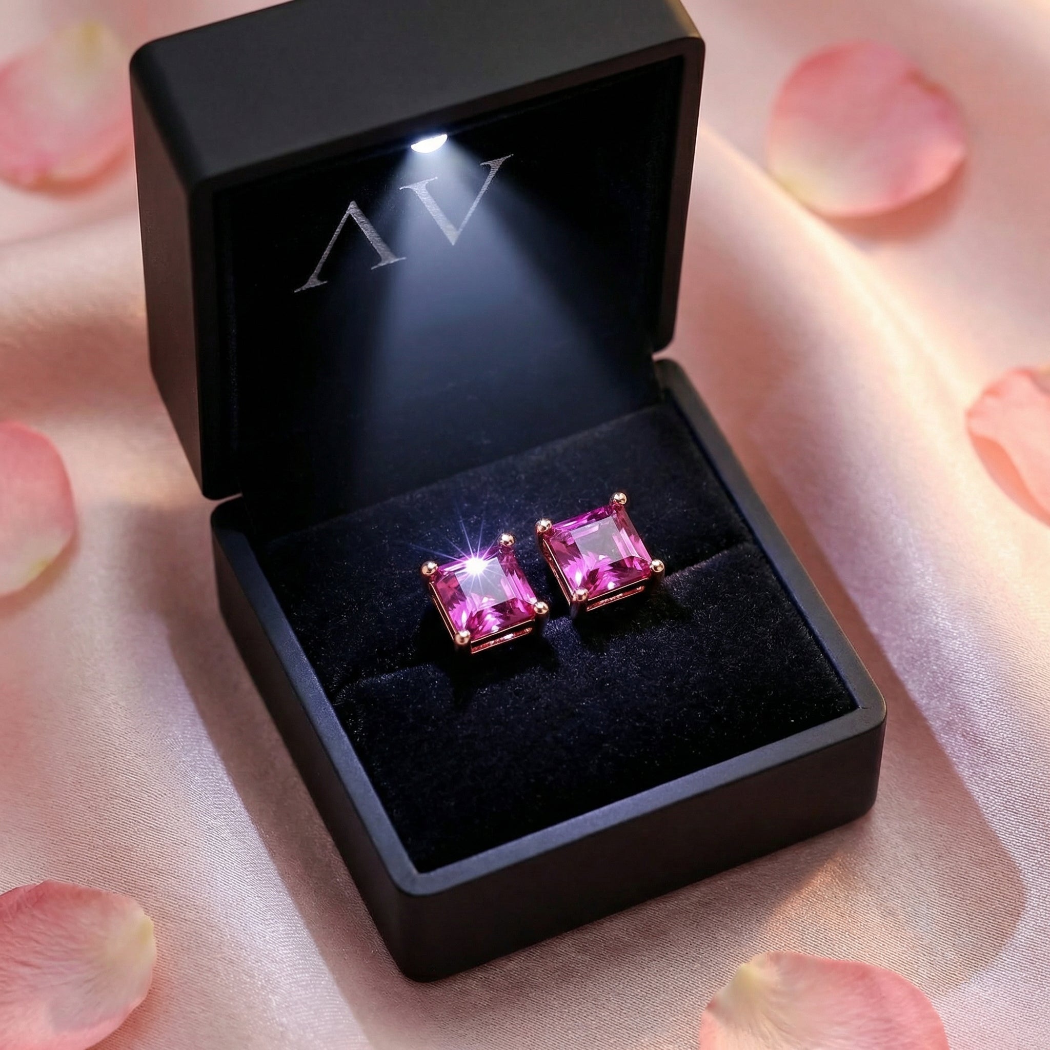 Square pink tourmaline earrings in a black LED-lit jewelry box on pink silk with rose petals.