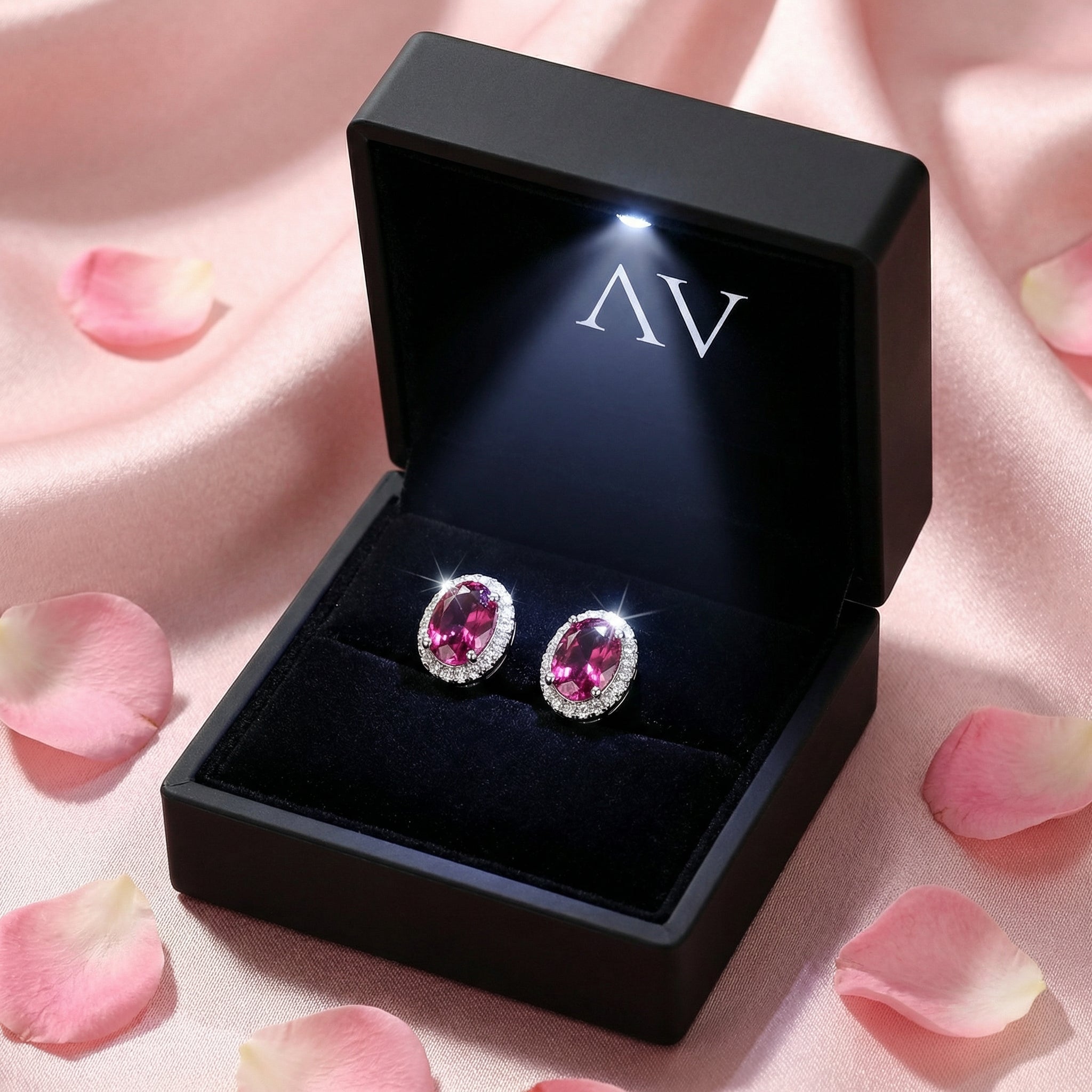 Oval pink tourmaline halo stud earrings in sterling silver inside a black LED-lit jewelry box.