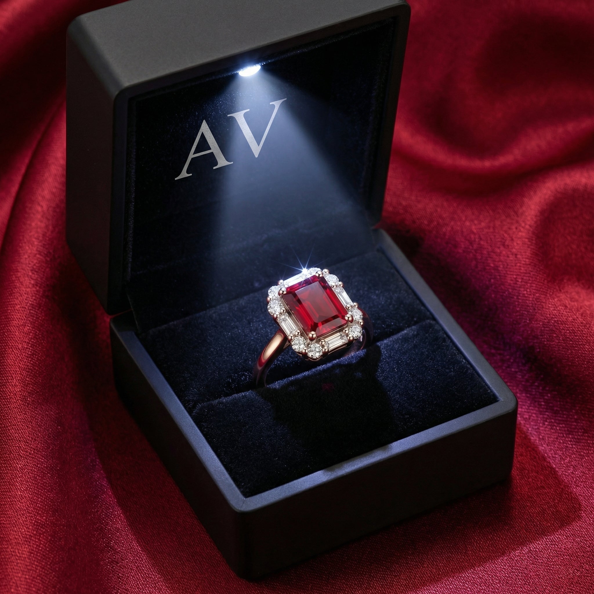 Emerald cut simulated ruby ring presented in a black LED-lit jewelry box on red silk.