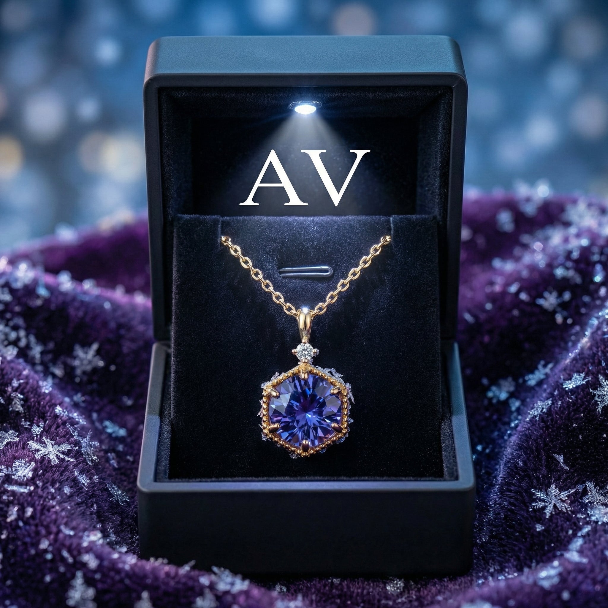 The Valerise Hex simulated tanzanite necklace displayed in a black LED-lit jewelry box with AV branding.
