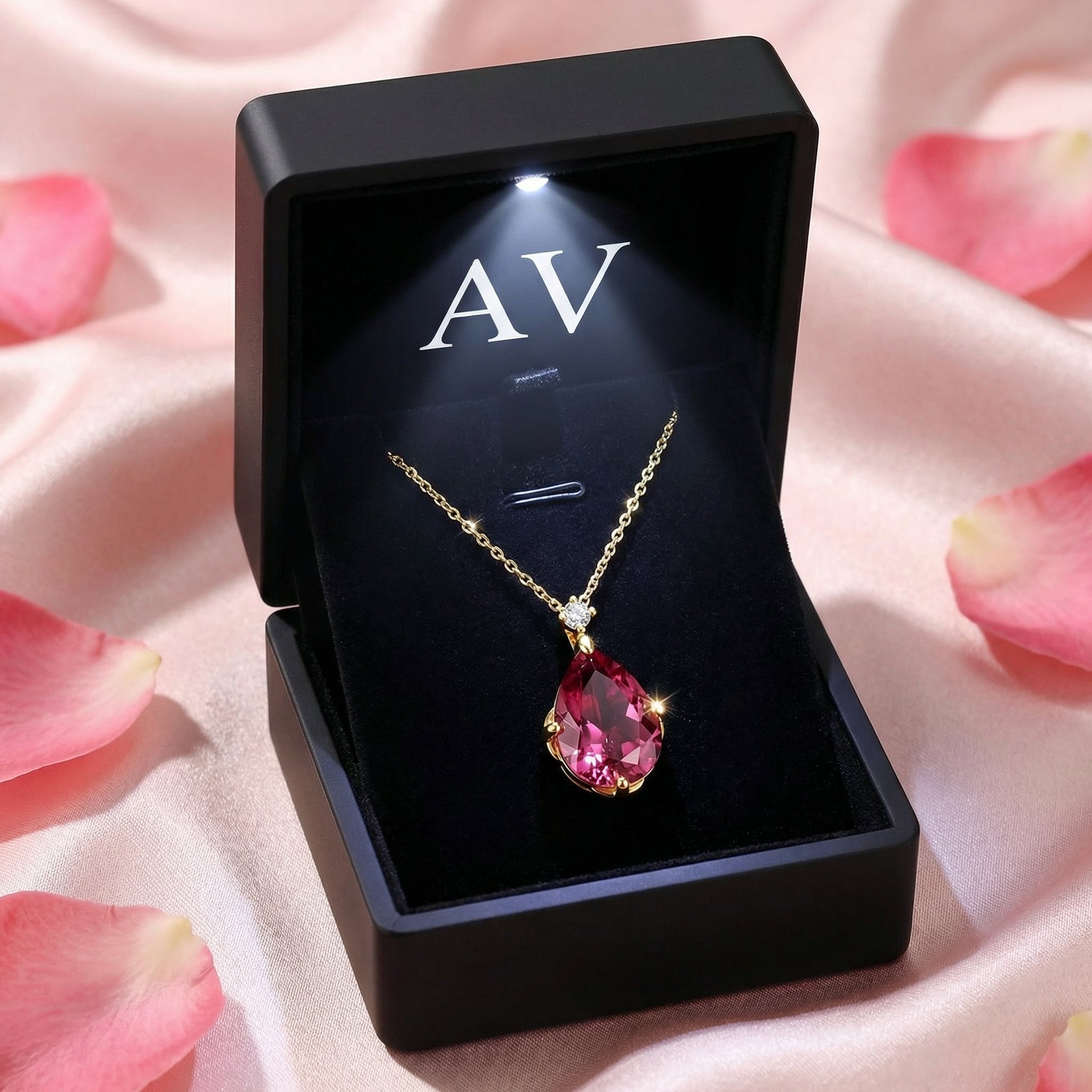 Pear-cut simulated pink tourmaline necklace in 18K gold vermeil inside a black LED-lit presentation box.