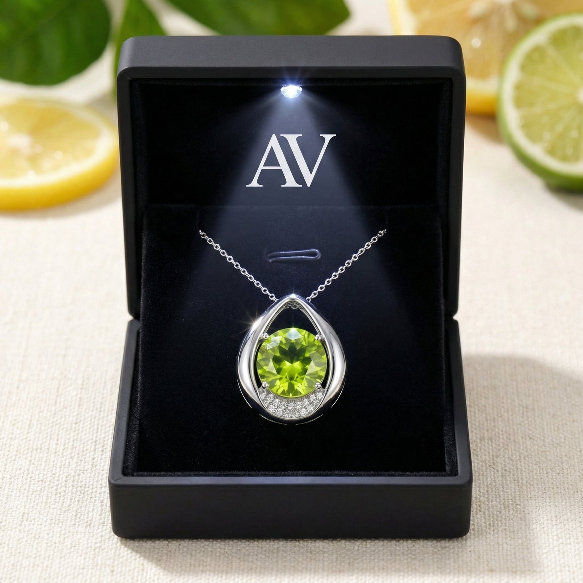Sterling silver simulated peridot teardrop necklace with accent stones in a black luxury LED-lit gift box.
