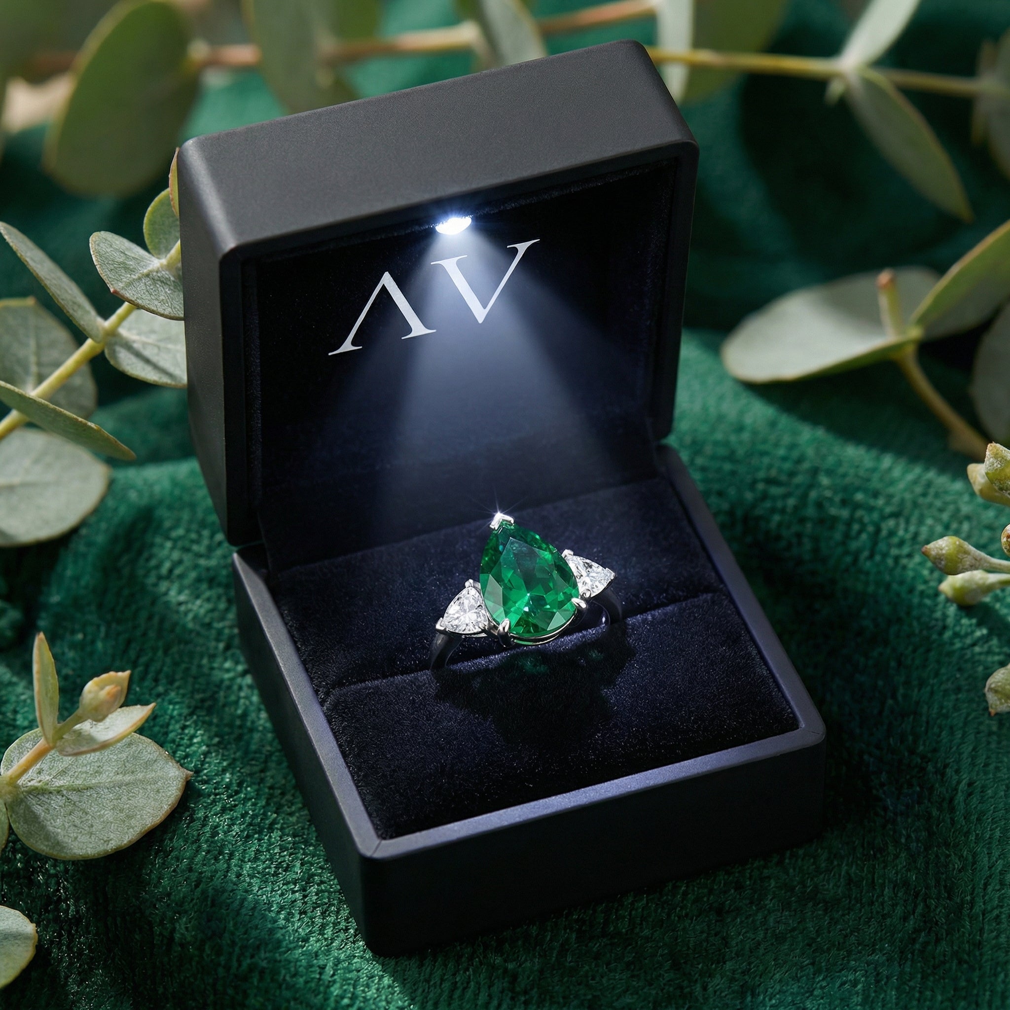 Pear cut simulated emerald silver ring inside a black LED-lit jewelry box on a green velvet surface.