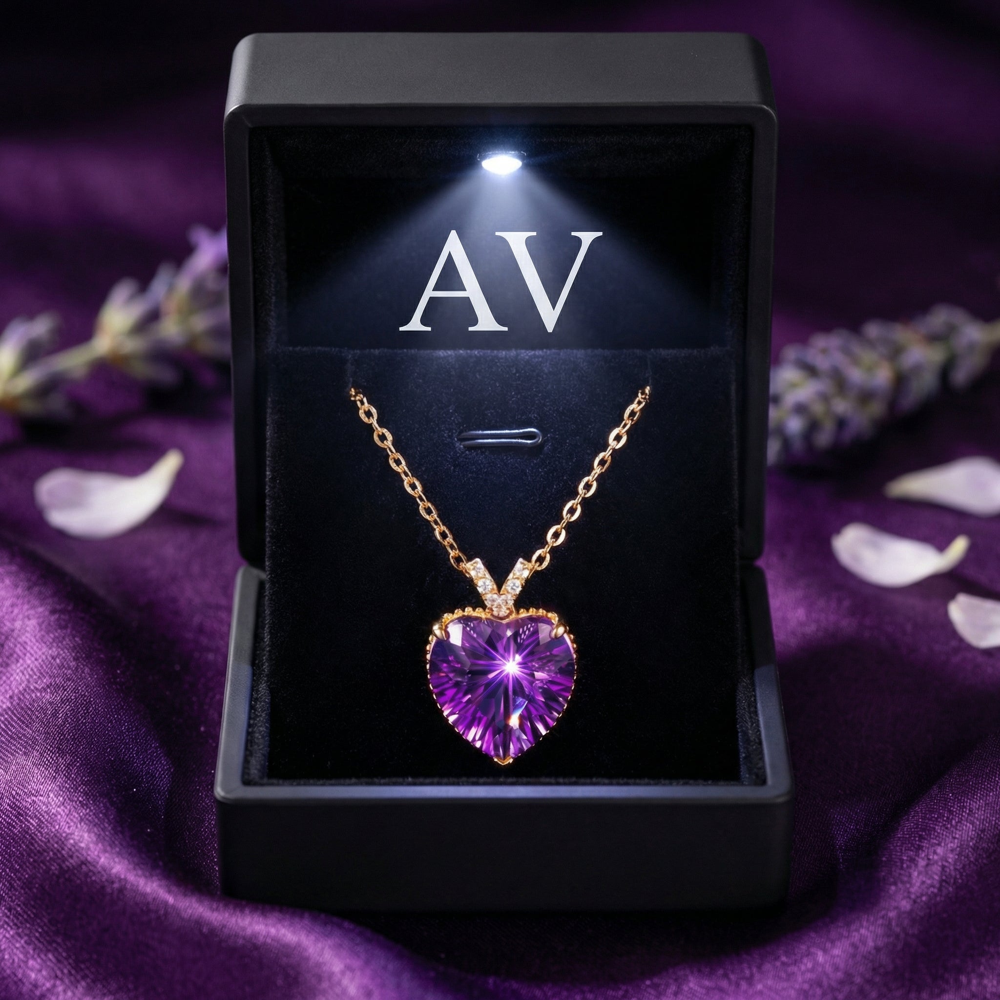 Heart-cut natural amethyst necklace in 18K rose gold inside a lighted black jewelry gift box.