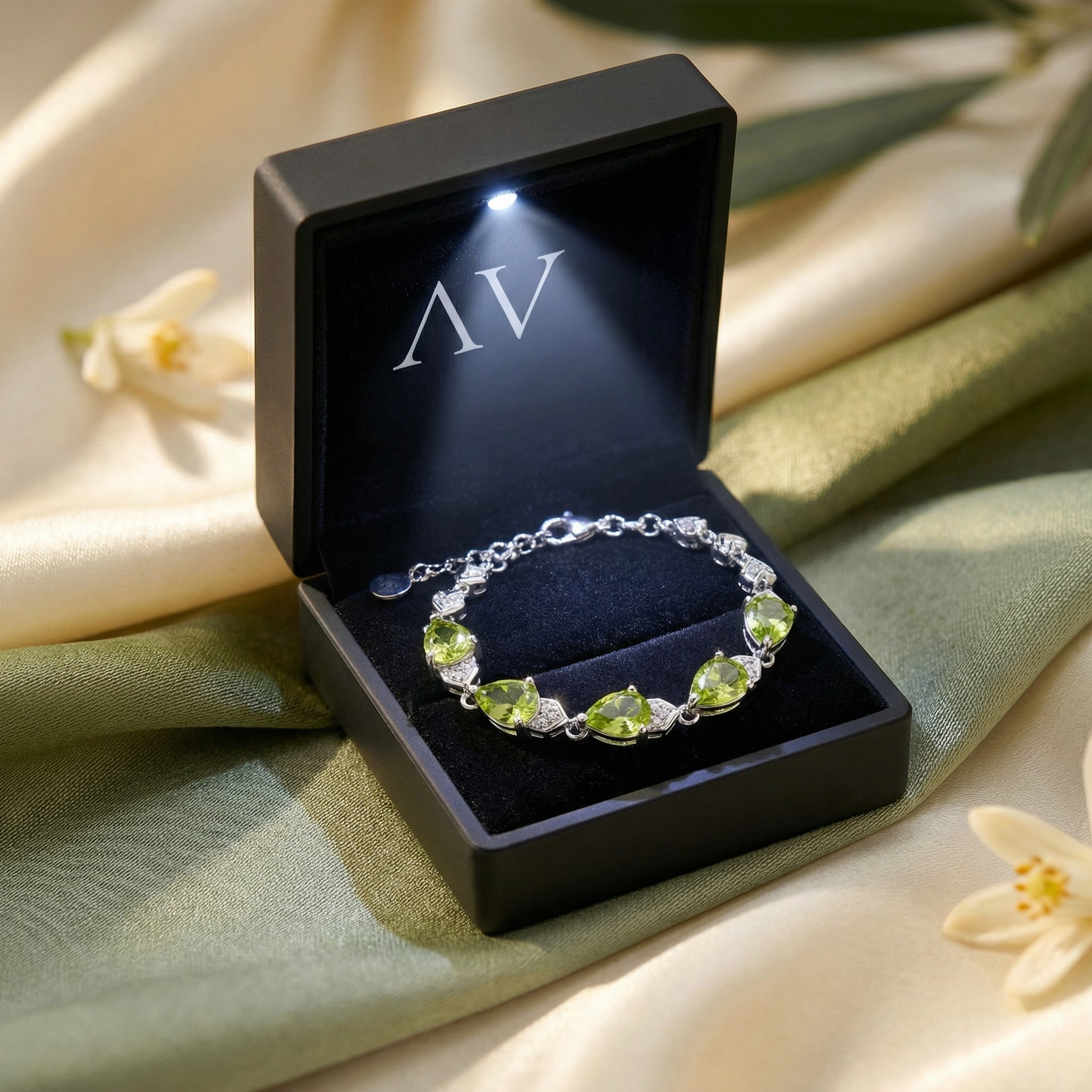 Sterling silver pear-cut peridot bracelet inside a black LED-lit jewelry presentation box on silk fabric.