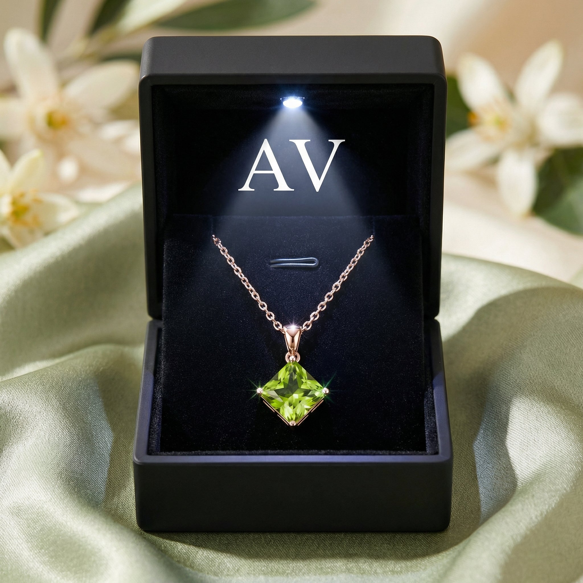 Princess cut natural peridot pendant in 18K rose gold vermeil presented in a luxury LED-lit black gift box.
