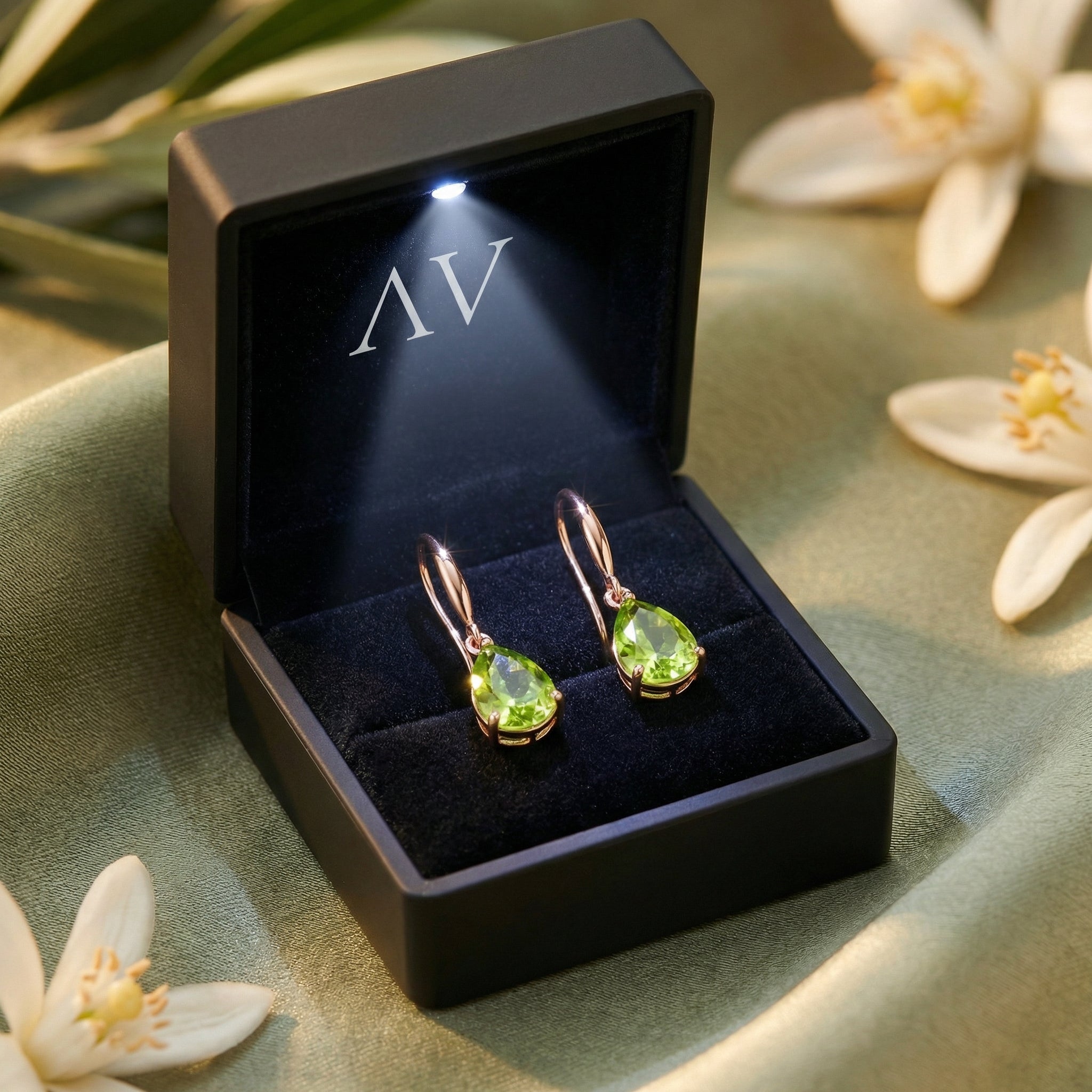 Pair of pear cut peridot drop earrings in 18K rose gold vermeil inside a premium lighted black jewelry box.