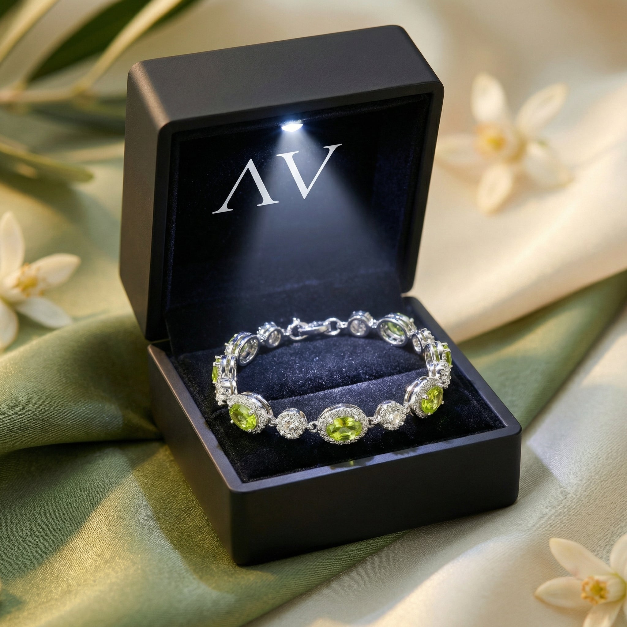 S925 sterling silver bracelet with oval-cut natural peridots in a premium lighted black jewelry box.
