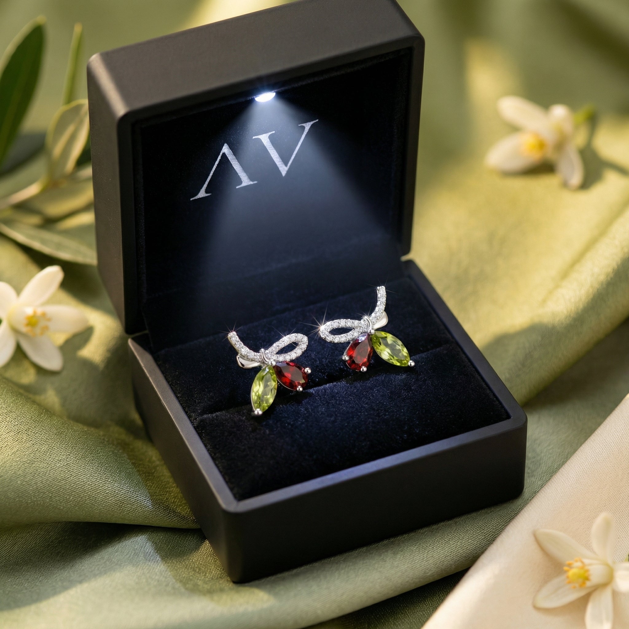 Giselle Marquise sterling silver peridot and red stone bow earrings inside a premium lighted black jewelry box.