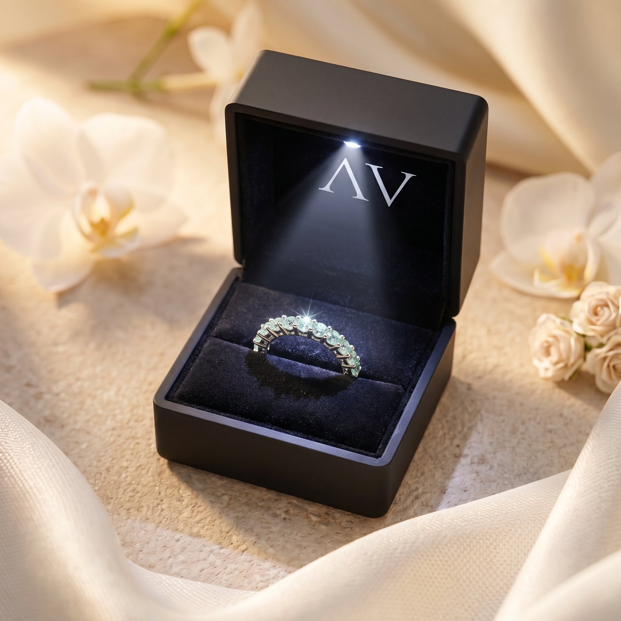 Fiorina sterling silver alexandrite ring inside a black LED-lit luxury gift box.