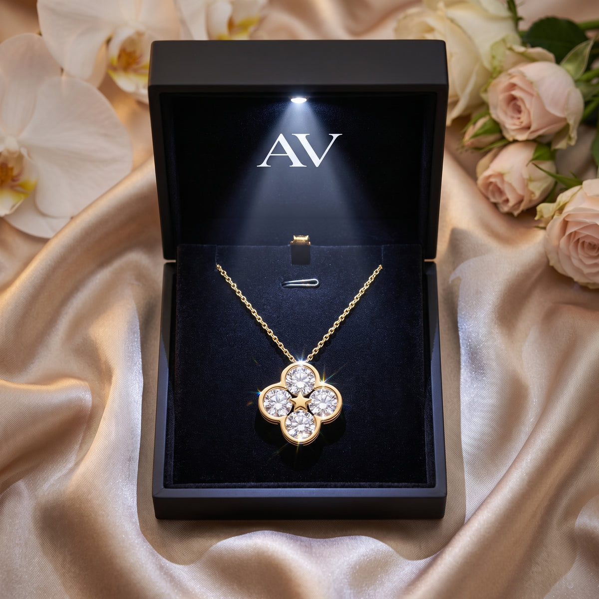Gold moissanite flower necklace presented in a black LED-lit gift box on satin.