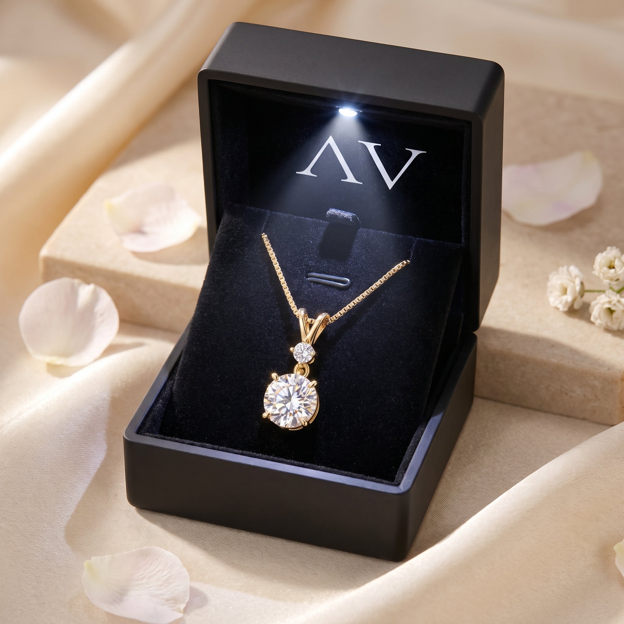 Yellow gold moissanite pendant necklace inside a black illuminated luxury gift box with AV logo.